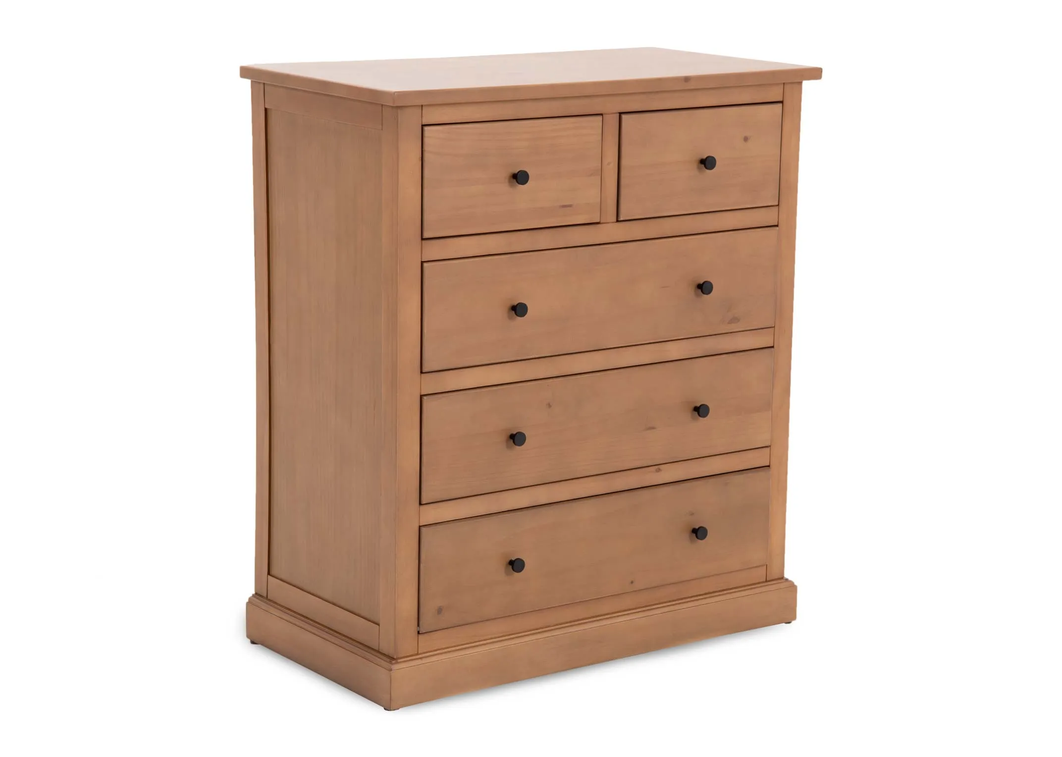 A 5 drawer rustic chest from EZ Livings Atlas range. Angled view of 2 small and 3 large drawers.