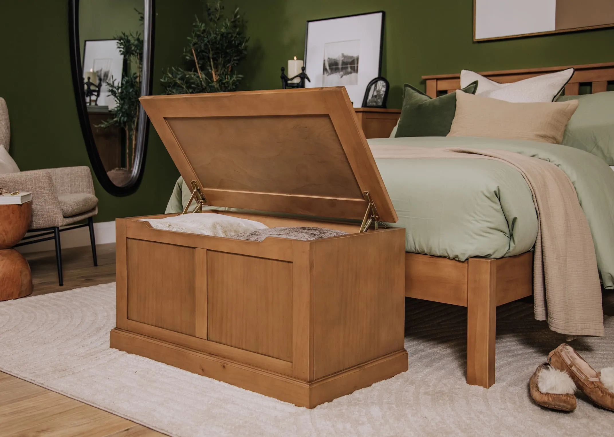 A lifestyle image of the Atlas Rustic bedroom with blanket box open at the foot of the bed.