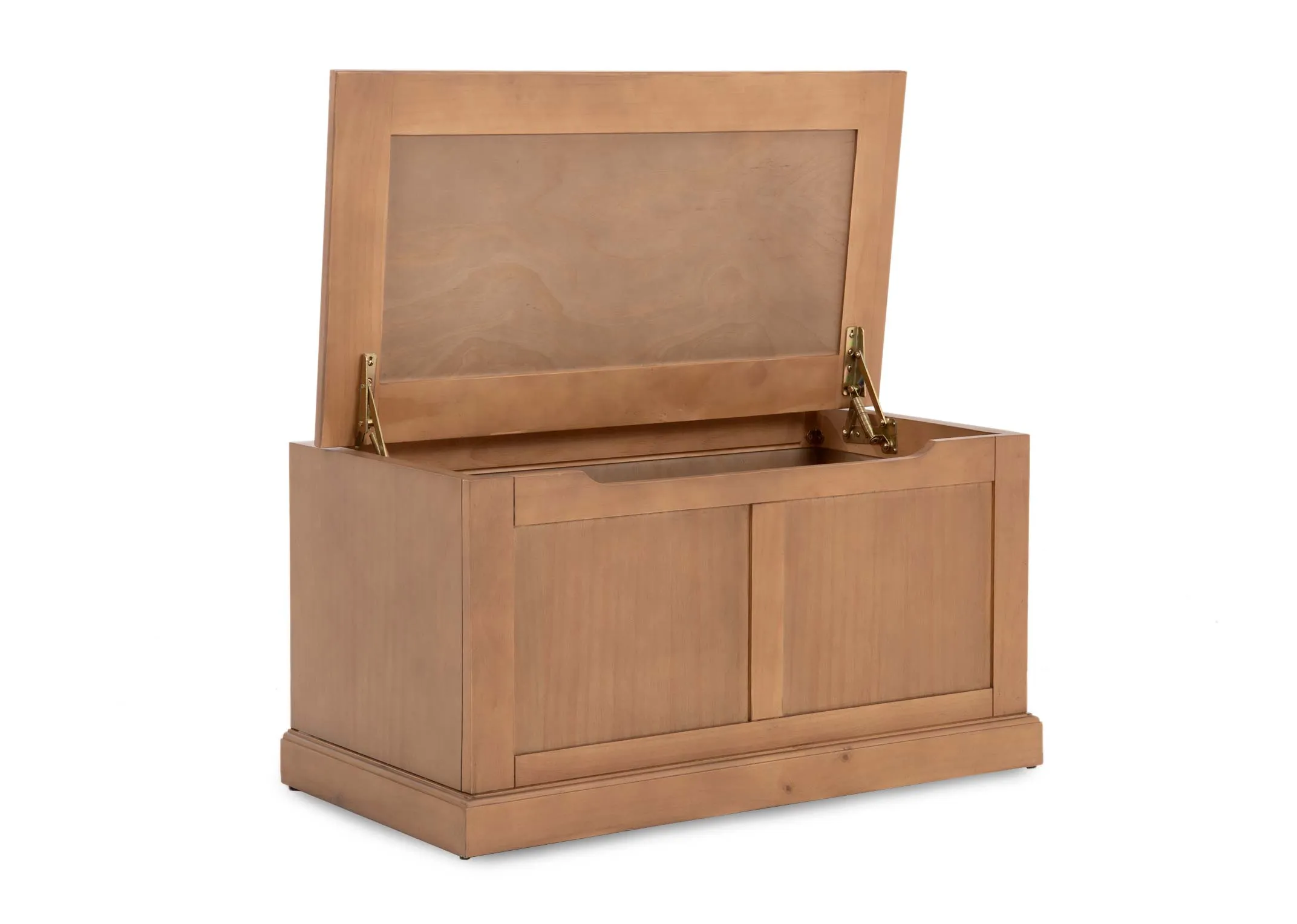 A rustic oak blanket box from EZ Livings Atlas range. Angled view of box open