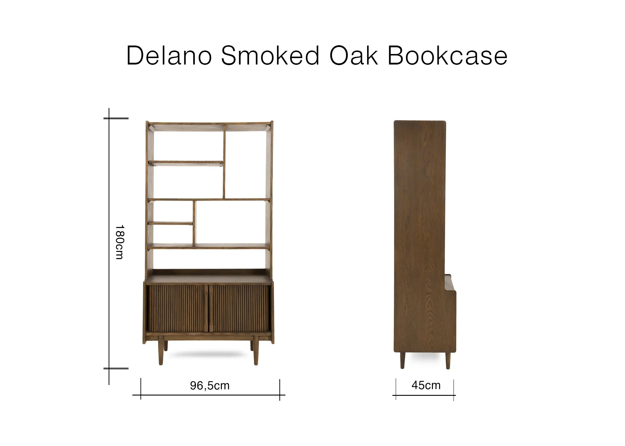 A dimension image fo the Delano Bookcase with 96.5cm x 160cm x 45cm