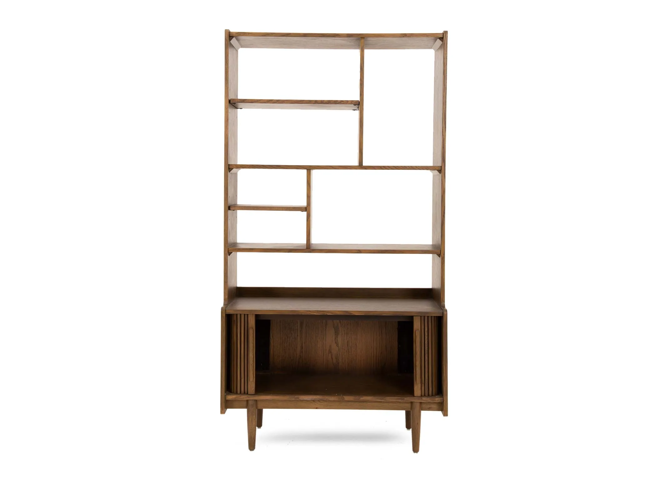 A 2 door smoked oak bookcase from EZ Livings Delano range.Frot view with doors open showing storage space