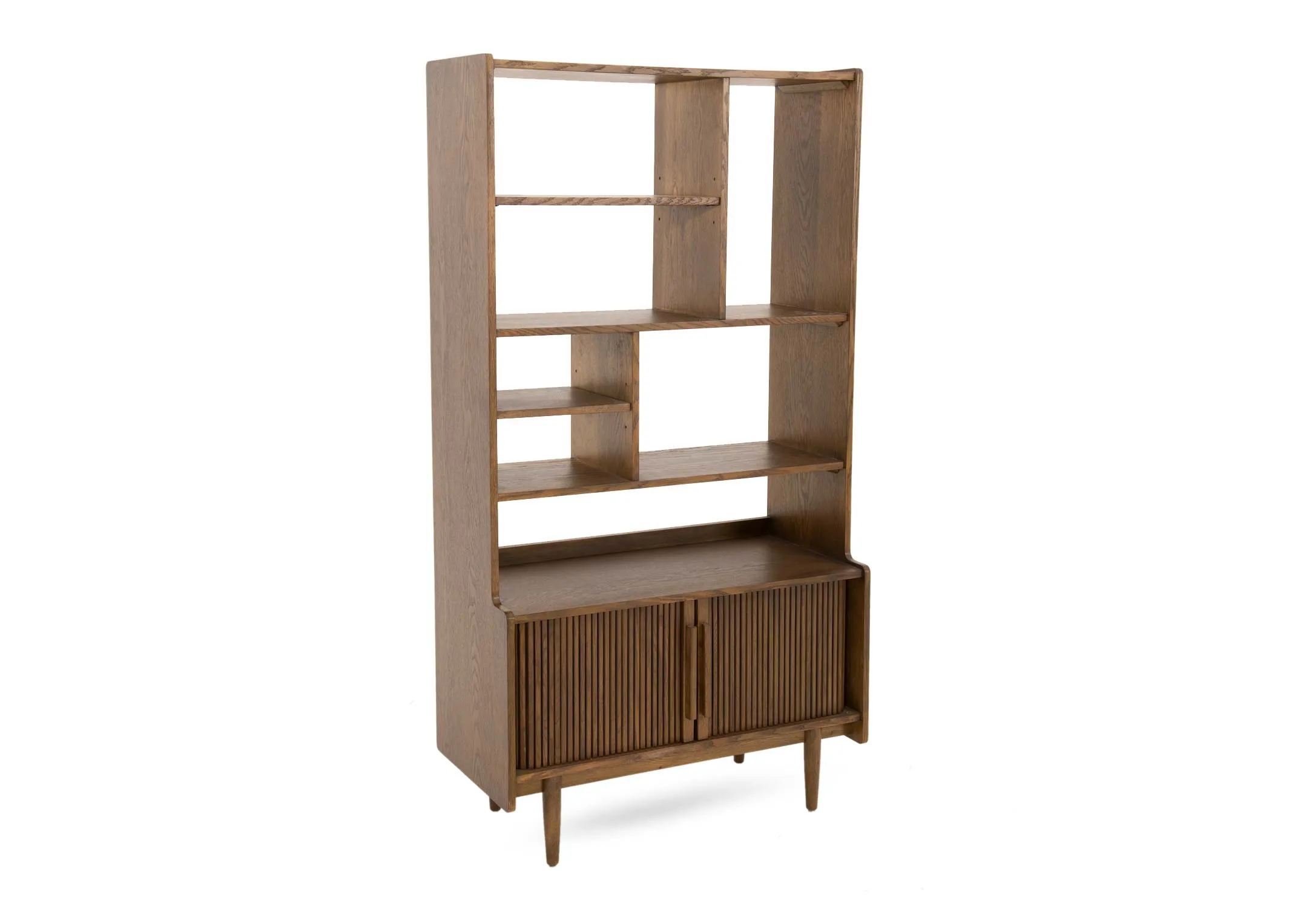 A 2 door smoked oak bookcase from EZ Livings Delano range. Angled view of 7 shelves of different sizes.