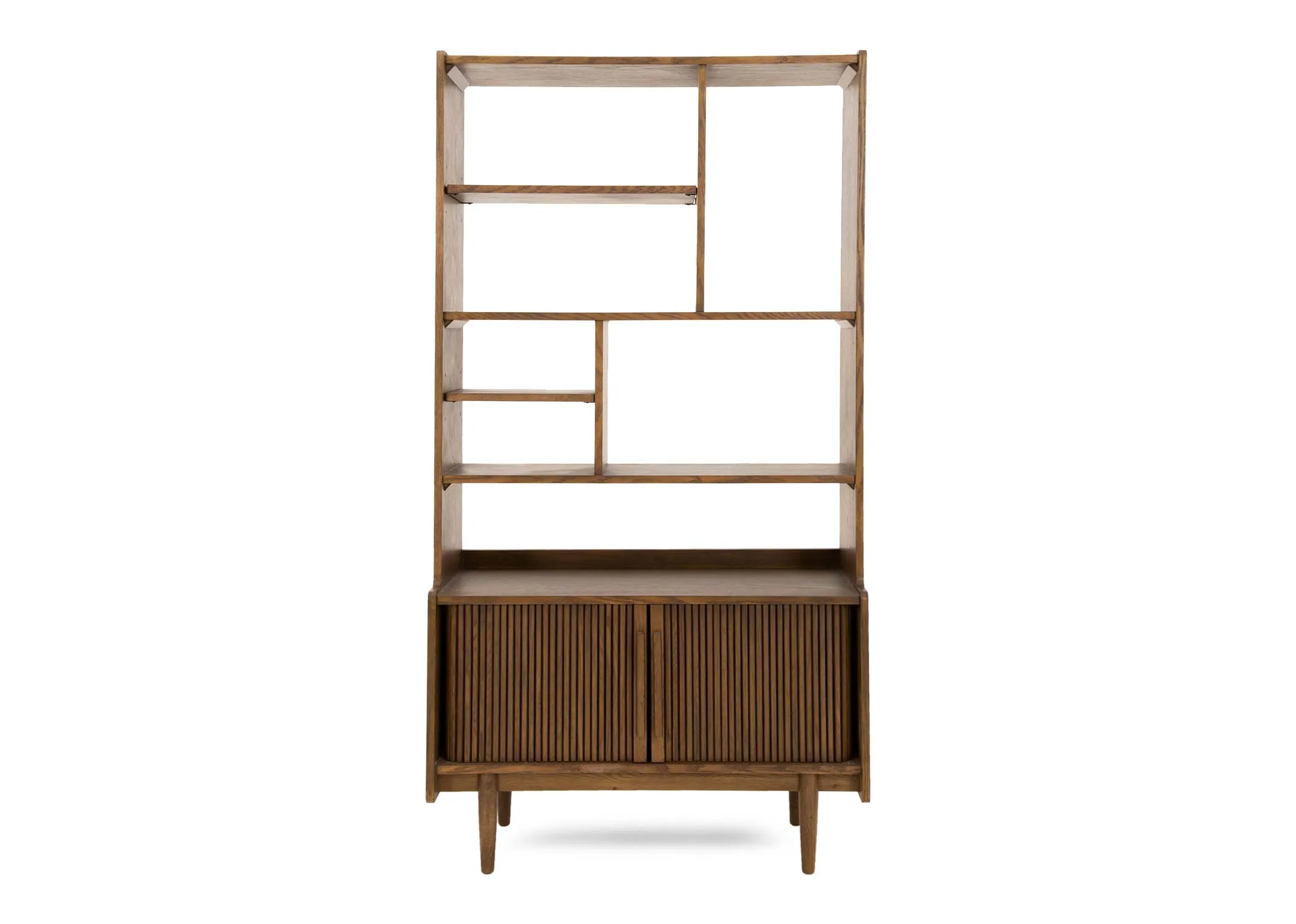 A 2 door smoked oak bookcase from EZ Livings Delano range. Front view of tambour doors