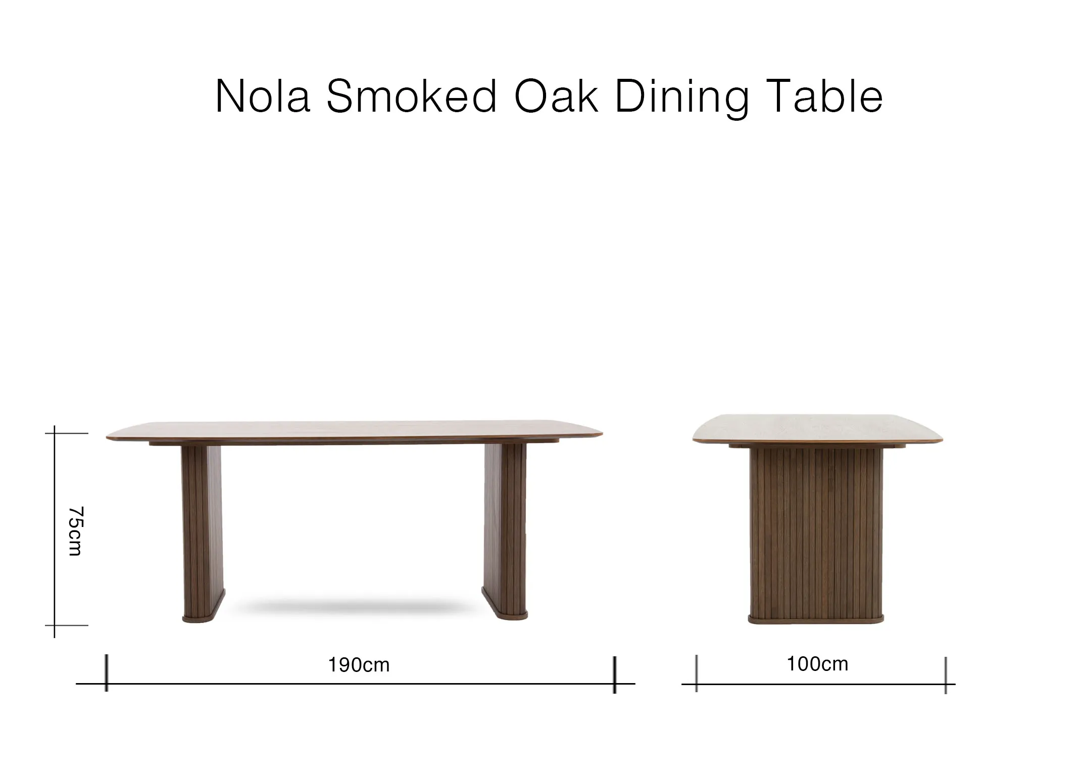 A dimension image of the Nola Smoked Oak dining table with 190cm x 100cm x 75cm