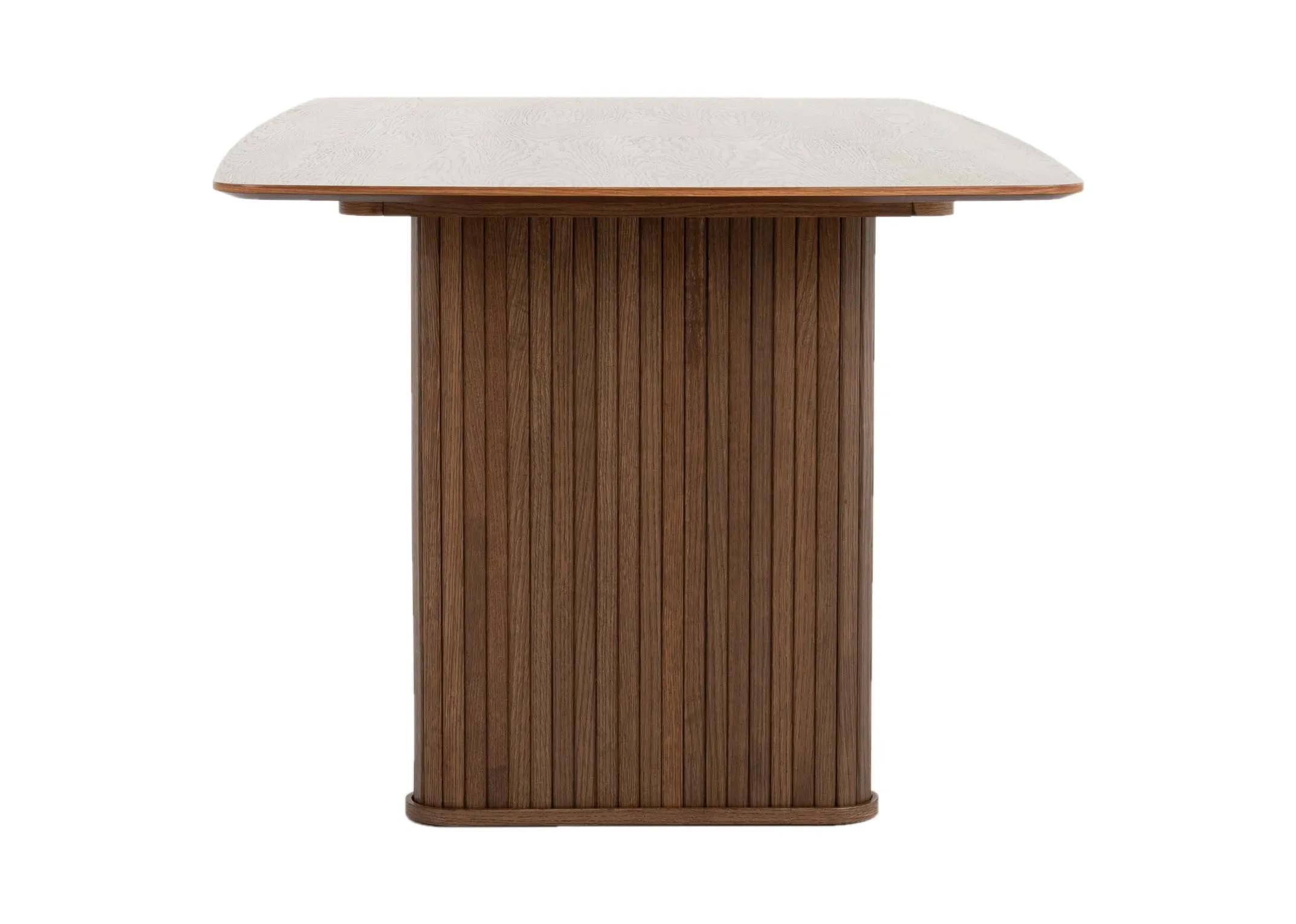 A smoked oak dining table from EZ Livings Nola Range. Clsoeup of detailed legs.