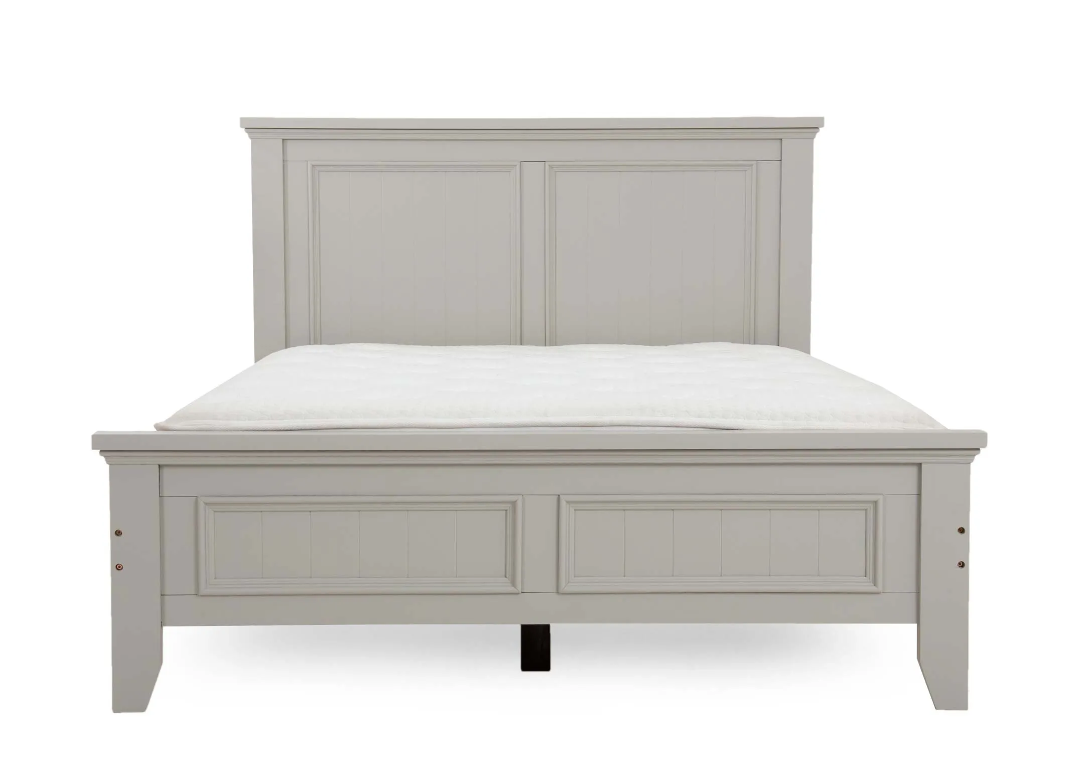 A light grey painted 5ft bedframe with pannelled head and footboard from EZ Livings Joseph range. Front view of 2 panels on head and foot