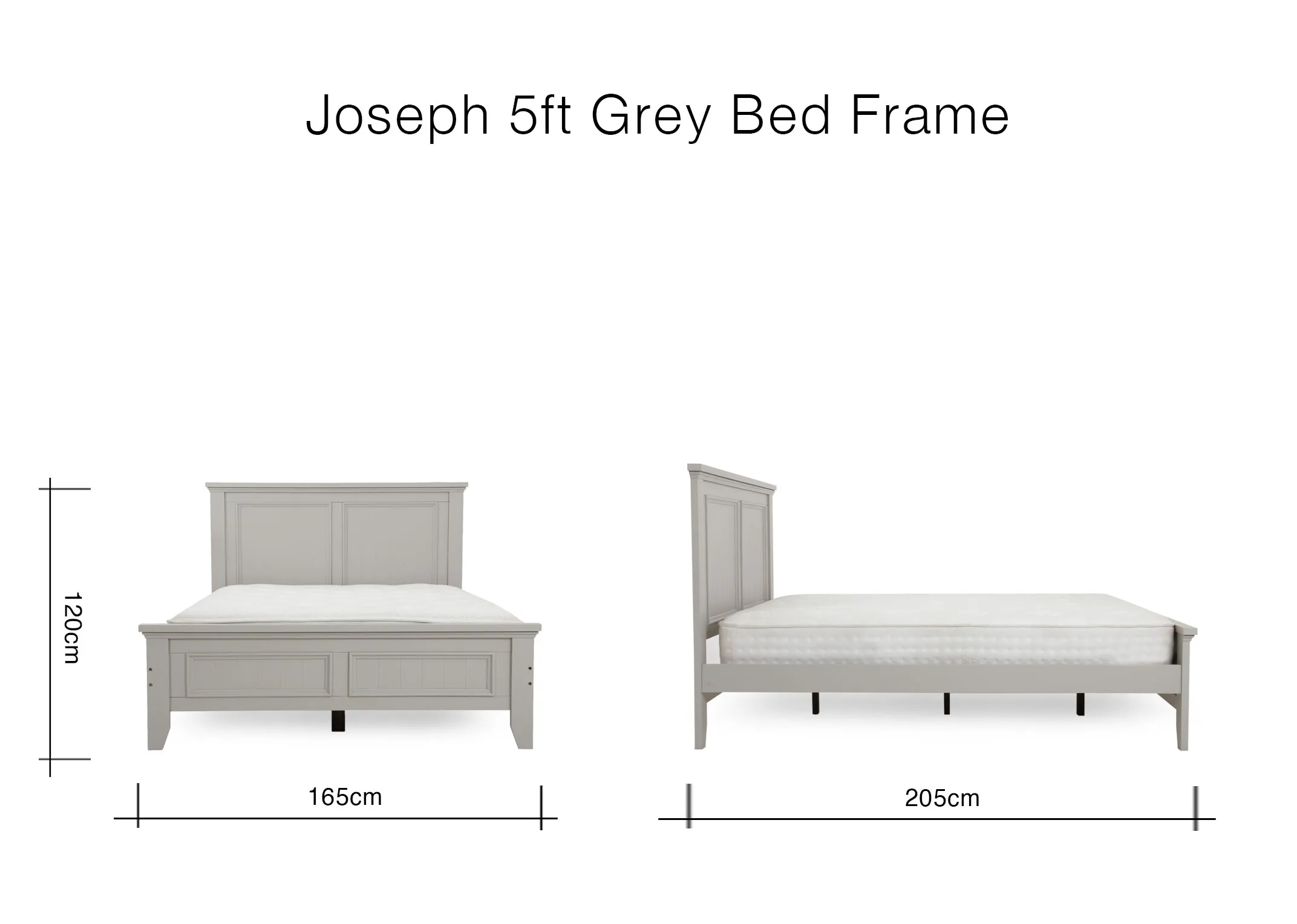 A dimension image of the Joseph 5ft bedframe with 165cm x 205cm x 120cm