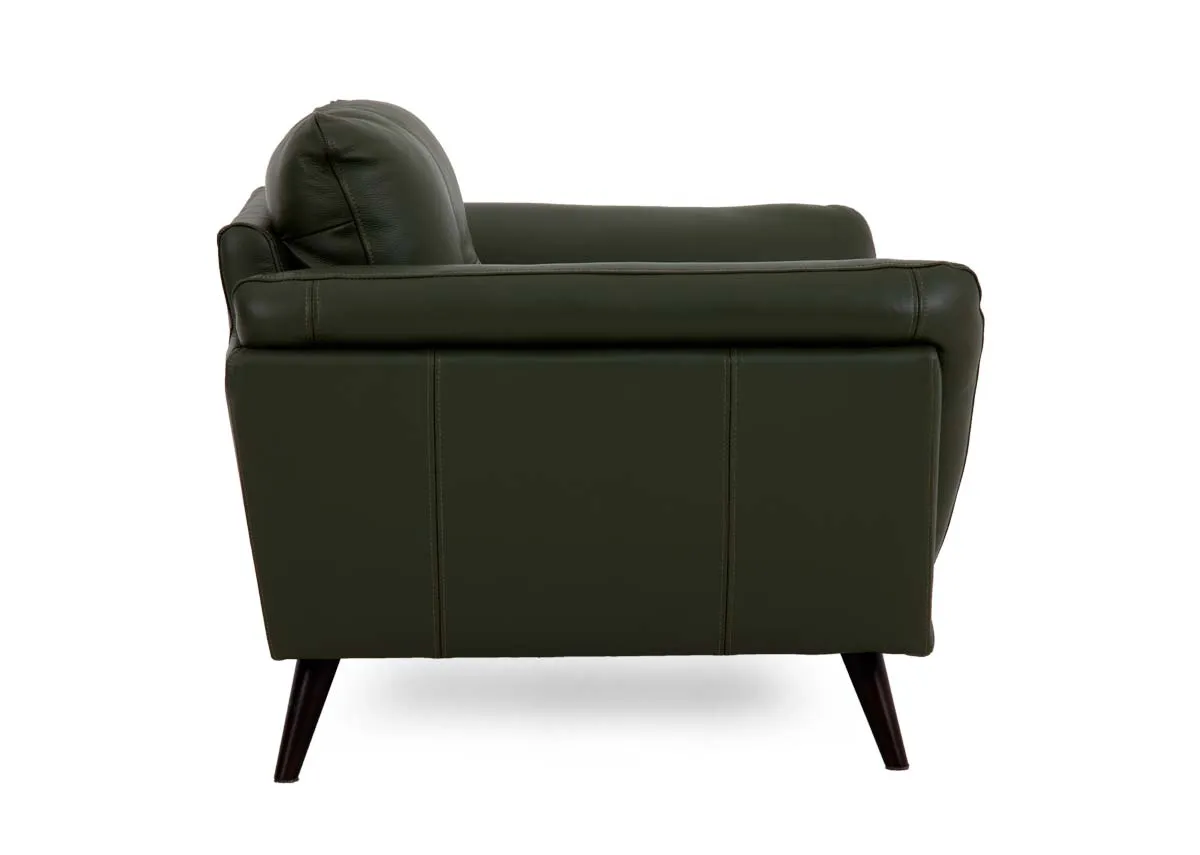 A green leather armchair from EZ Livings Toscana range.Side view
