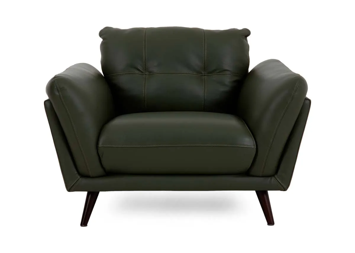 A green leather armchair from EZ Livings Toscana range. Front view of button stitching and padded seat cushion