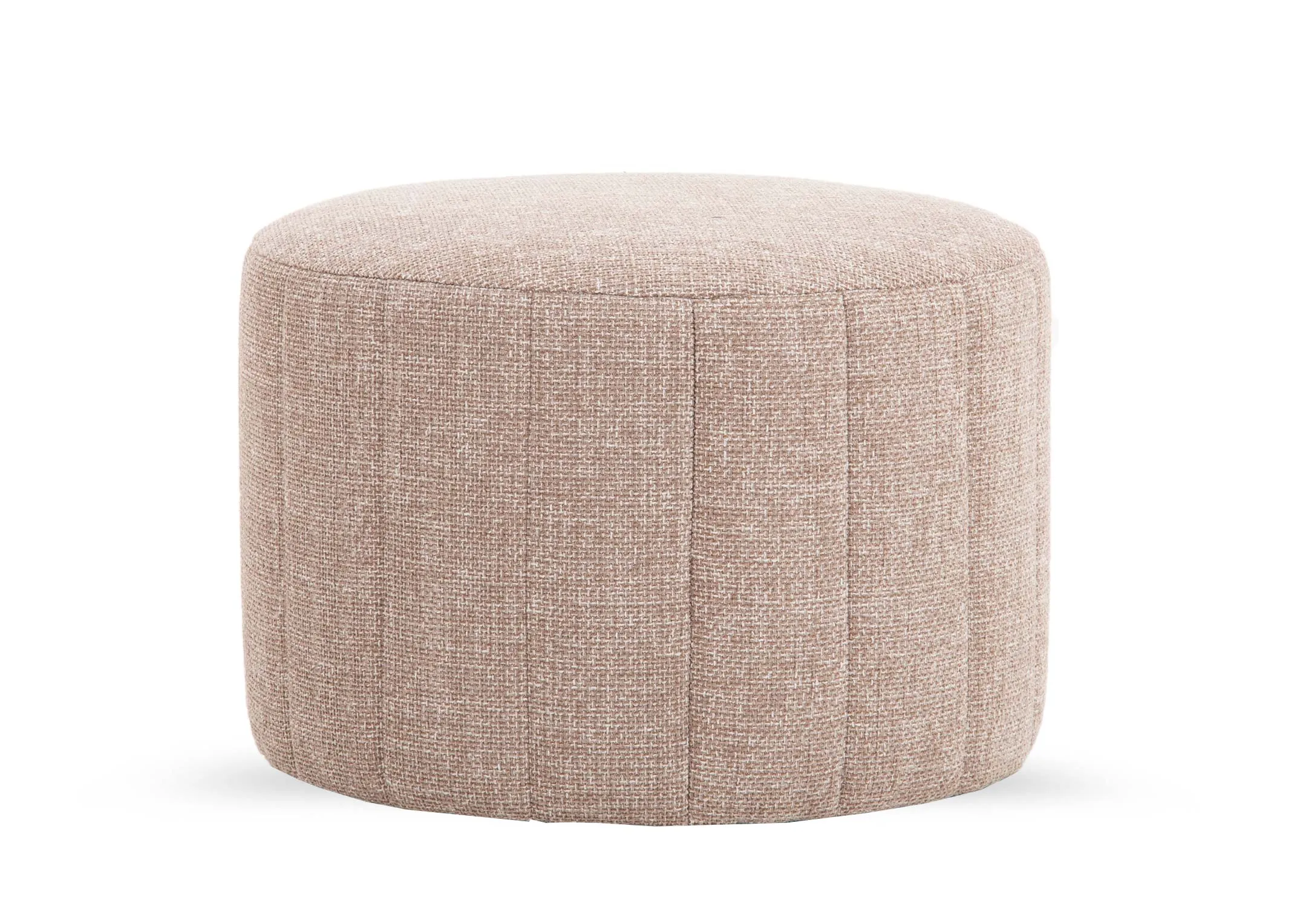 A round beige fabric footstool from EZ Livings Alexo range. Front view
