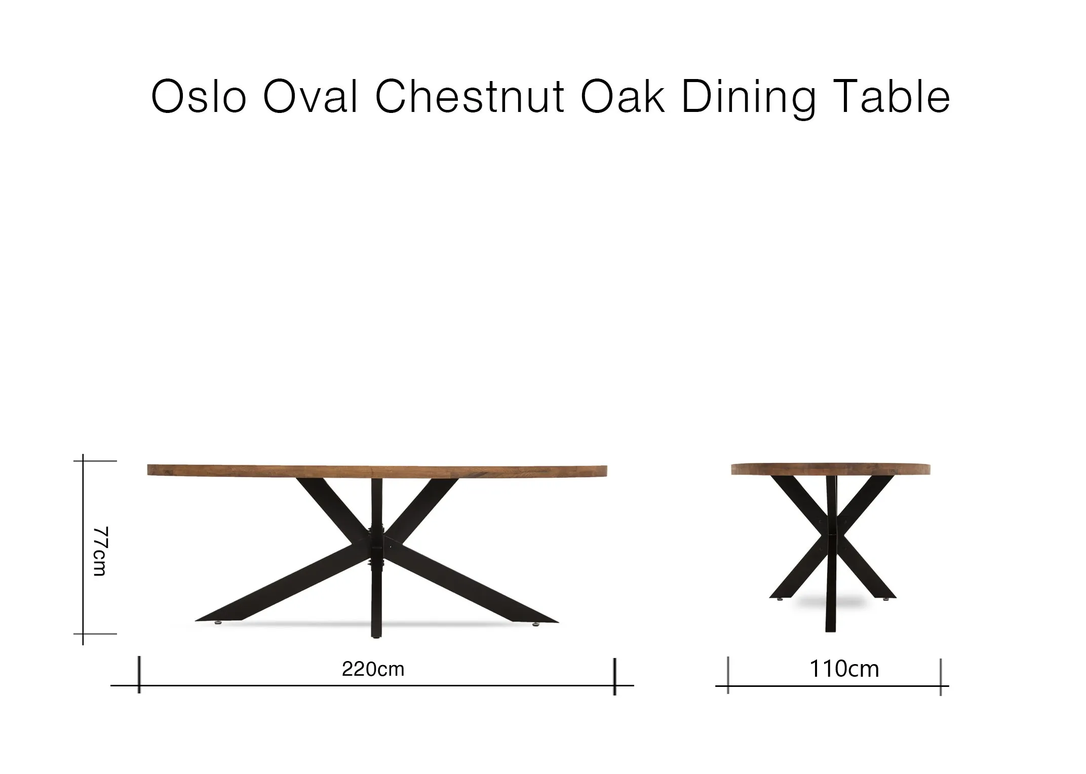 A dimension image of the Oslo Oval Dining Table with 220cm x 110cm x 77cm
