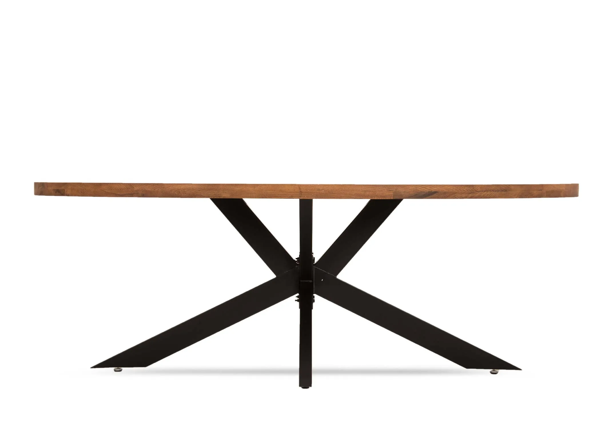 An oval oak dining table with black x legs from EZ Living Furniture's Oslo range. Front view of thick oak top