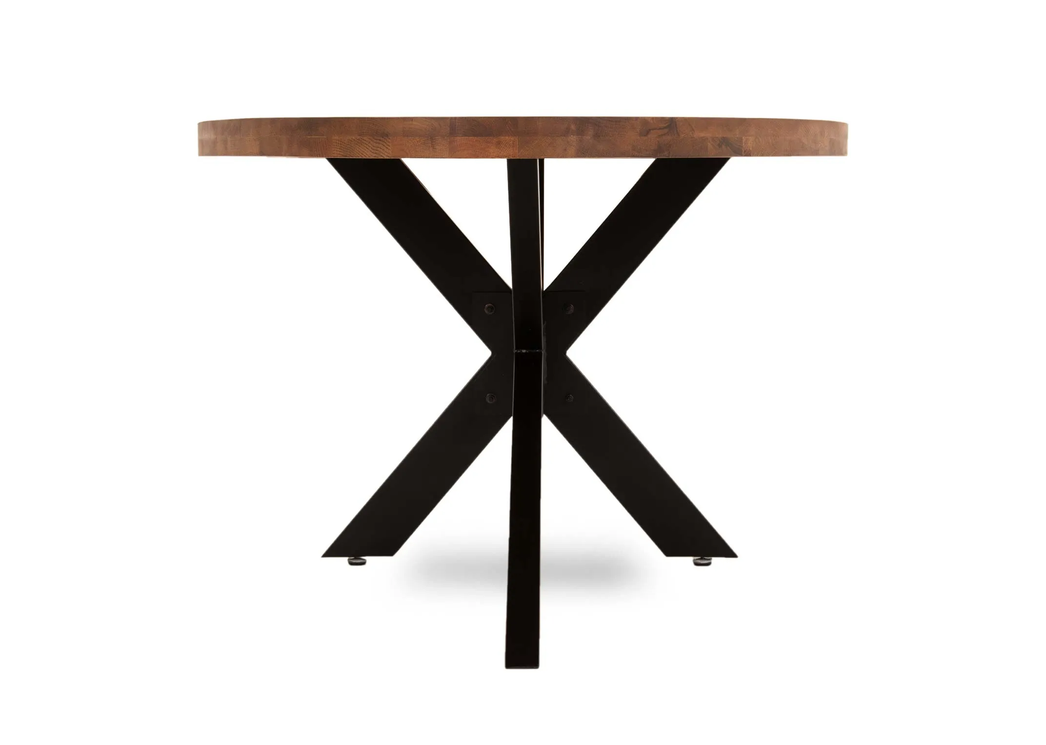 An oval oak dining table with black x legs from EZ Living Furniture's Oslo range. Side view of sturdy base