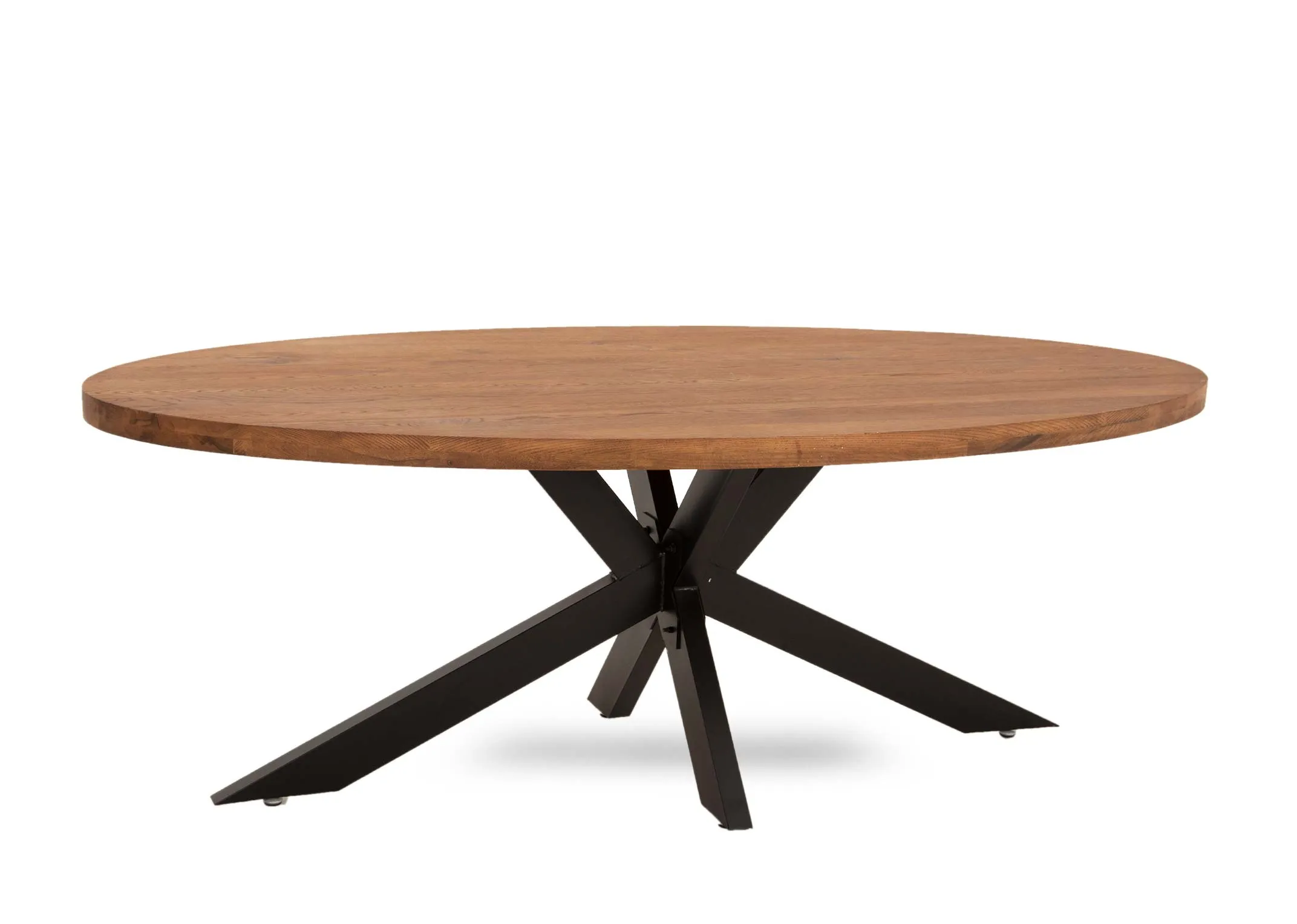 An oval oak dining table with black x legs from EZ Living Furniture's Oslo range. Angled view of heavy black x legs