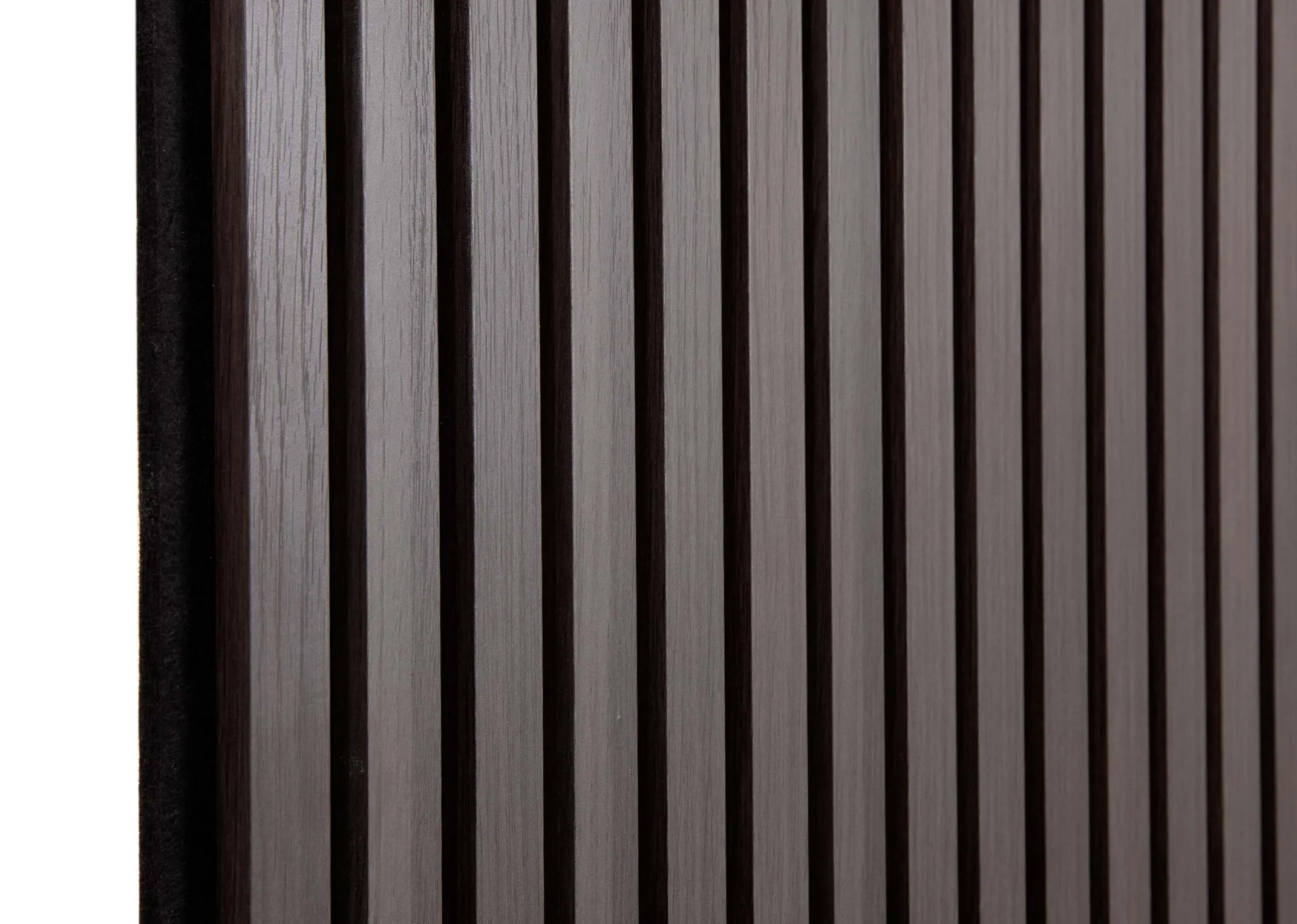 A black oak slatted wall panel from EZ Livings Home Decor Range. Closeup of slim panels