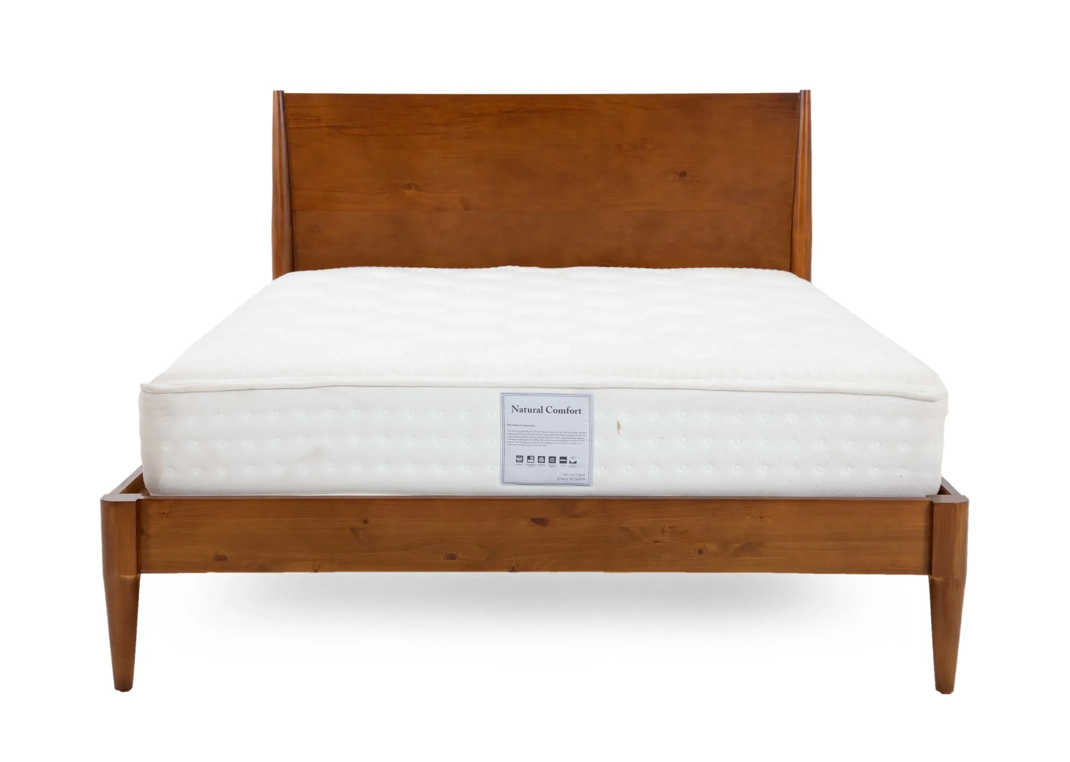 A double 4ft 6 dark wood bedframe from EZ Livings Leya range. Front view of headboard with stained finish.