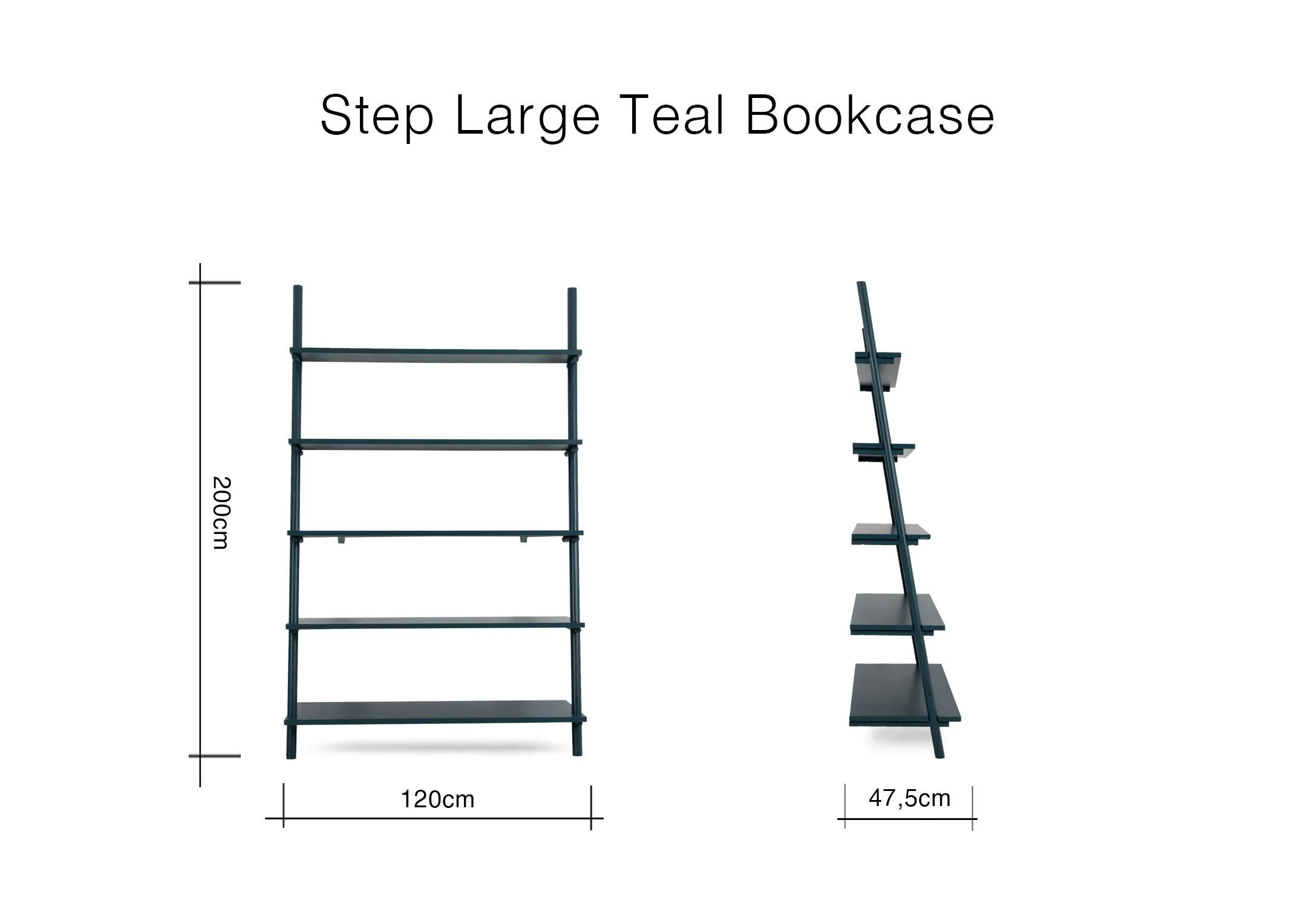 A dimension image of the Step Teal large bookcase with 120cm x 47.5cm x 200cm