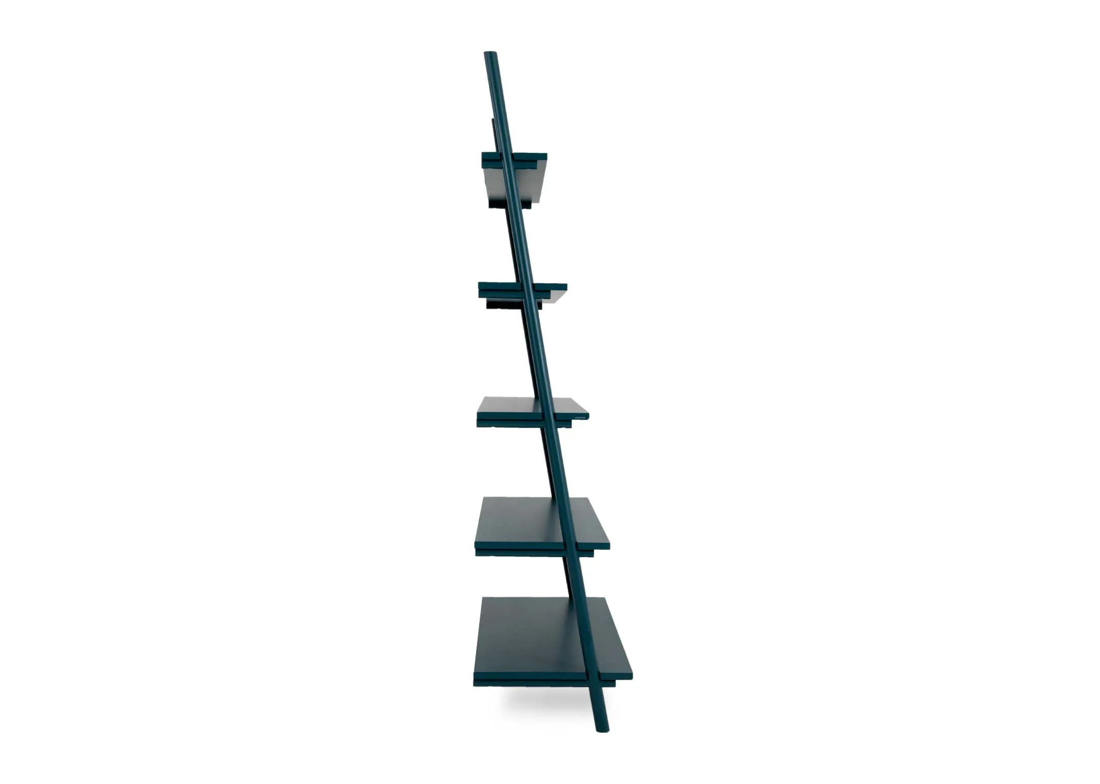 A large teal painted bookcase from EZ Livings Step range. Side view
