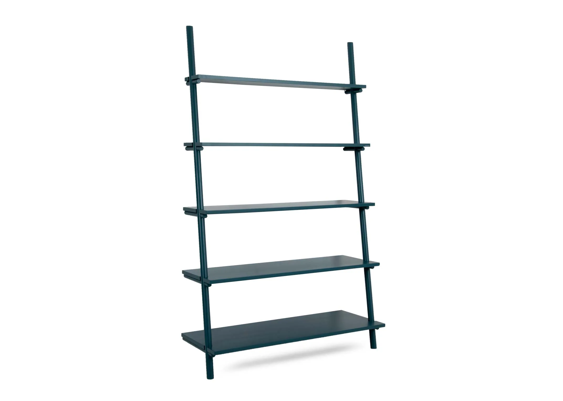 A large teal painted bookcase from EZ Livings Step range. Angled view of 5 shelves.