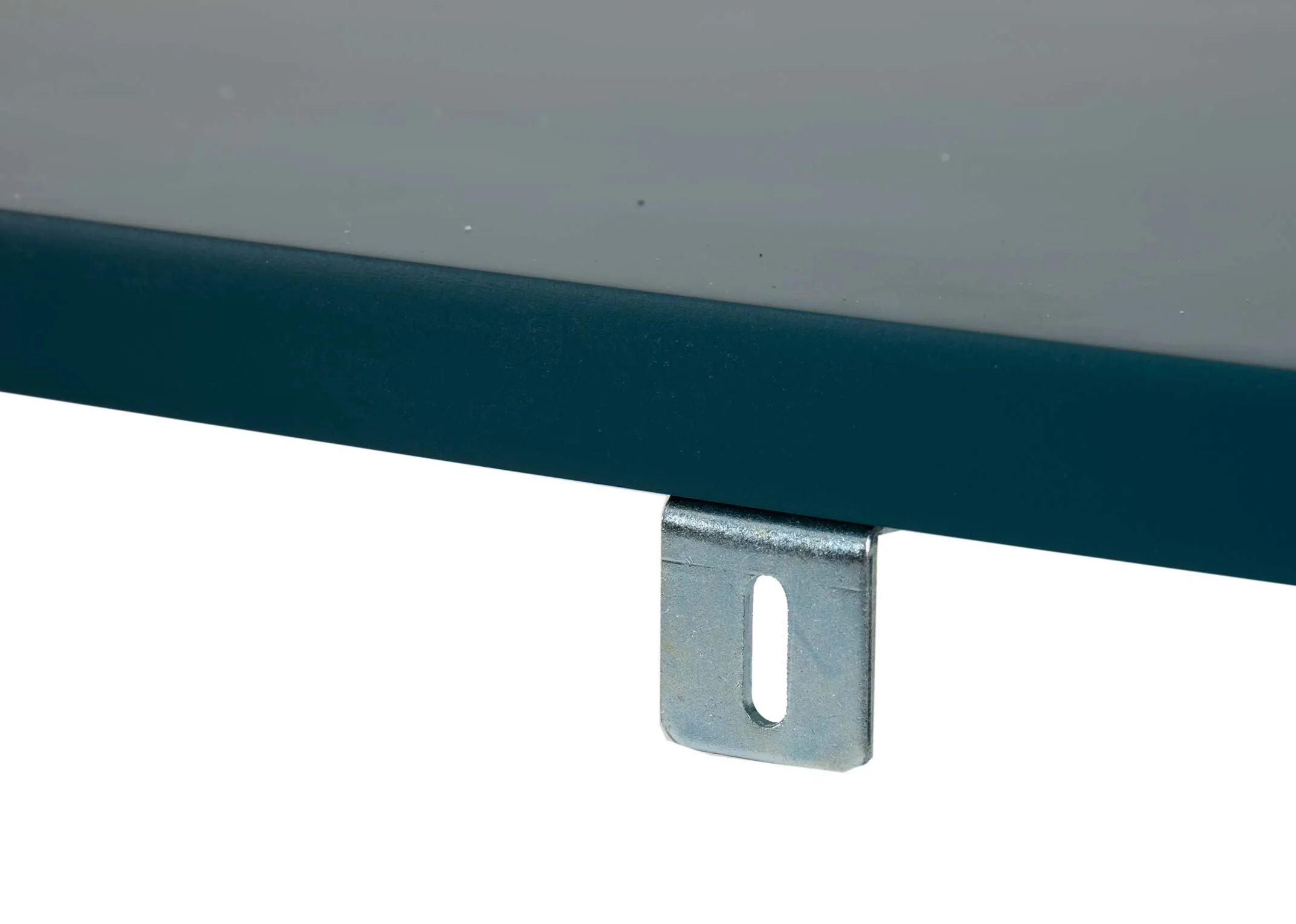 A large teal painted bookcase from EZ Livings Step range. Closeup of hooks that attach from walls.
