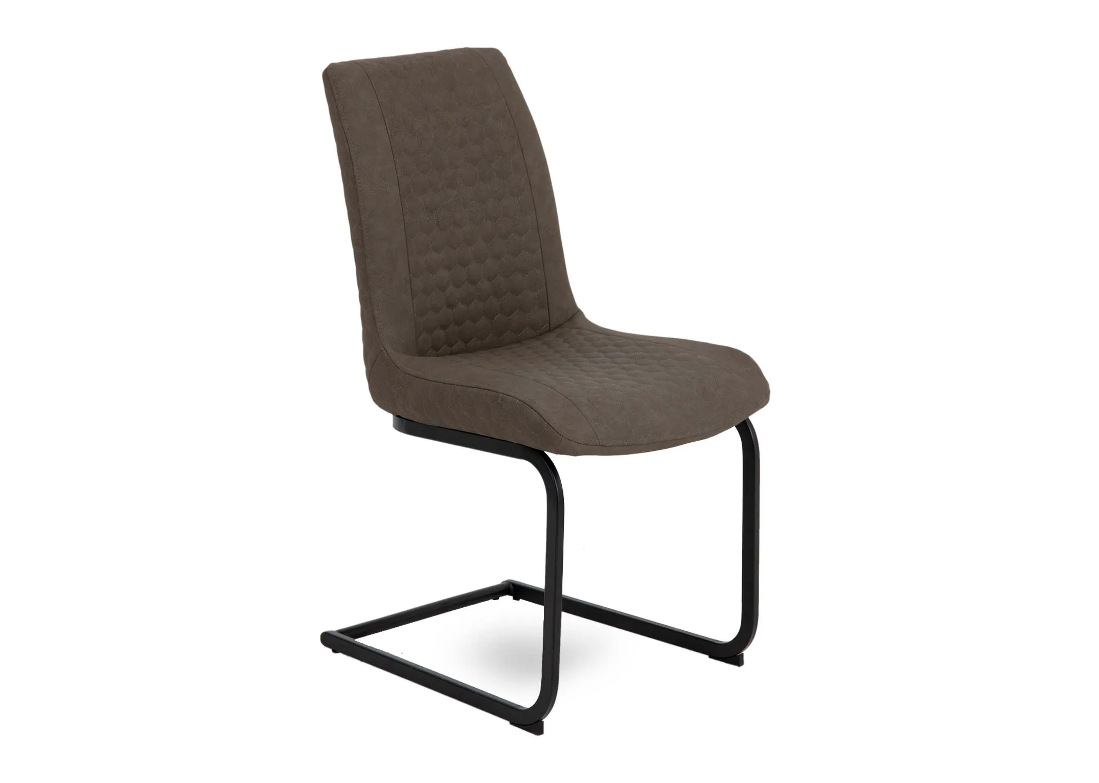 A dark olive green faux leather dining chair from EZ Livings Barton range. Angled view of floating metal frame legs.
