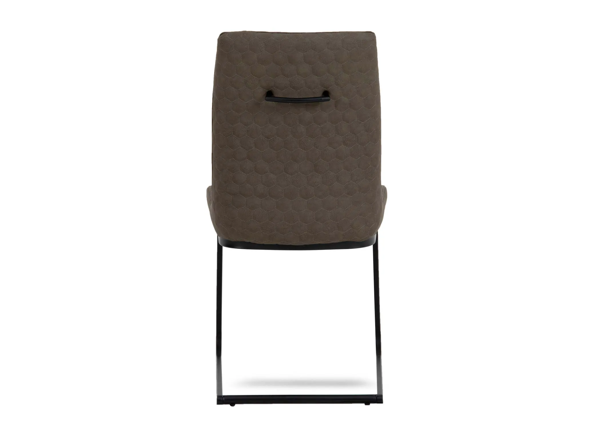 A dark olive green faux leather dining chair from EZ Livings Barton range. Back view of black metal handle on seat back.