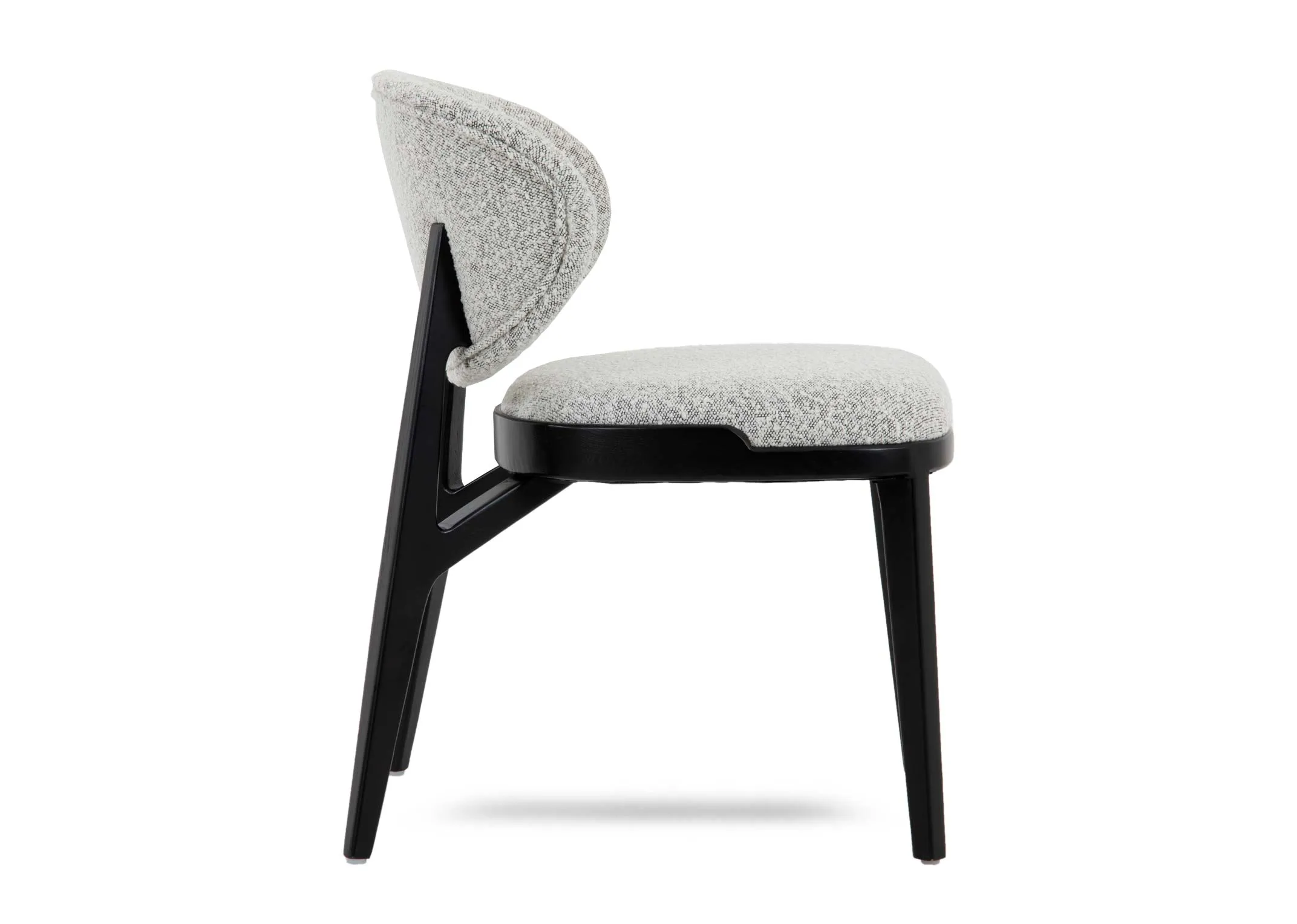 A light grey dining chair with black frame from EZ Livings Joey range.Side view of black frame.
