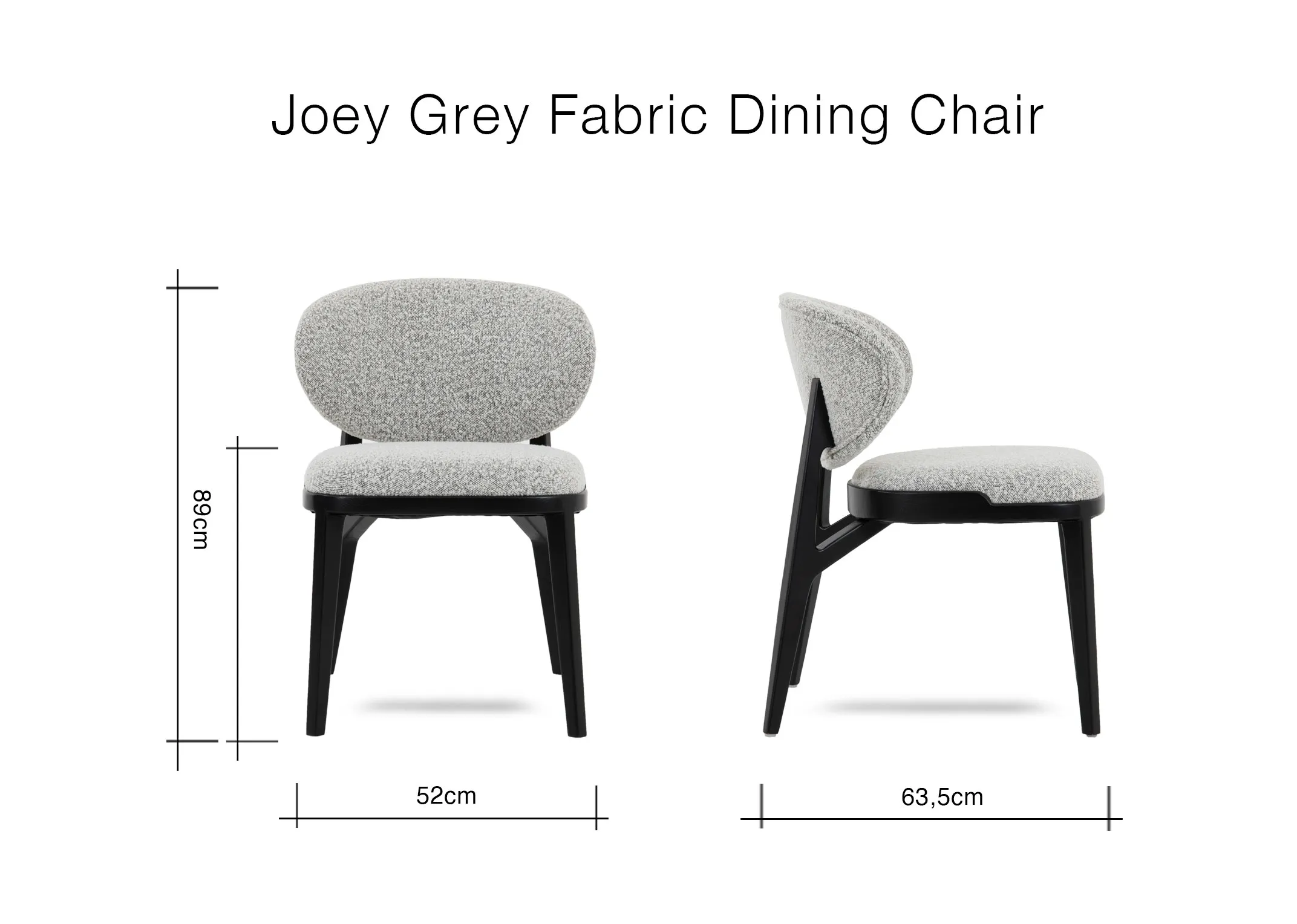 A dimension image of the Joey Light Grey Chair with 52cm x 63.5cm x 89cm