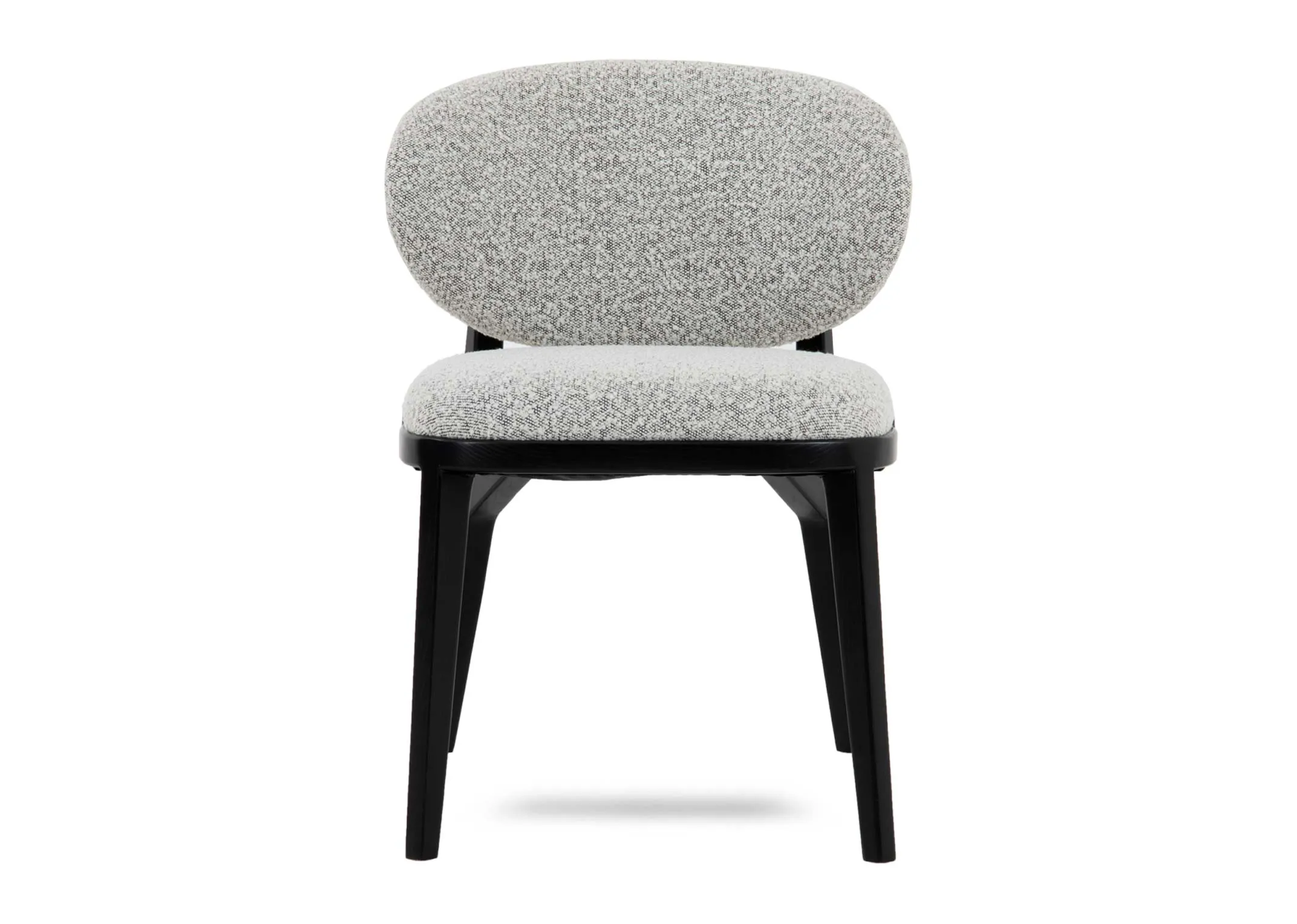 A light grey dining chair with black frame from EZ Livings Joey range. Front view