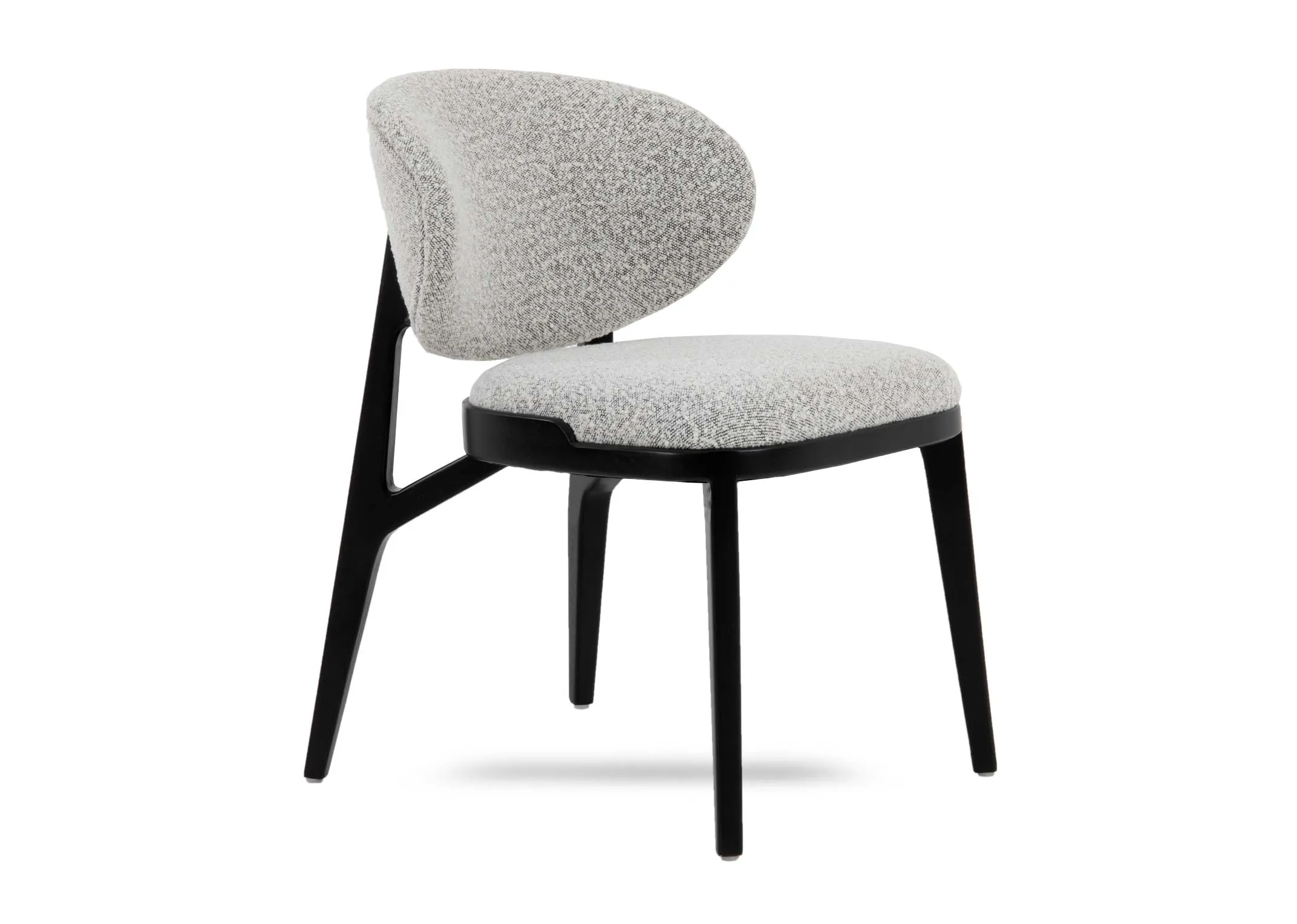 A light grey dining chair with black frame from EZ Livings Joey range. Angled view