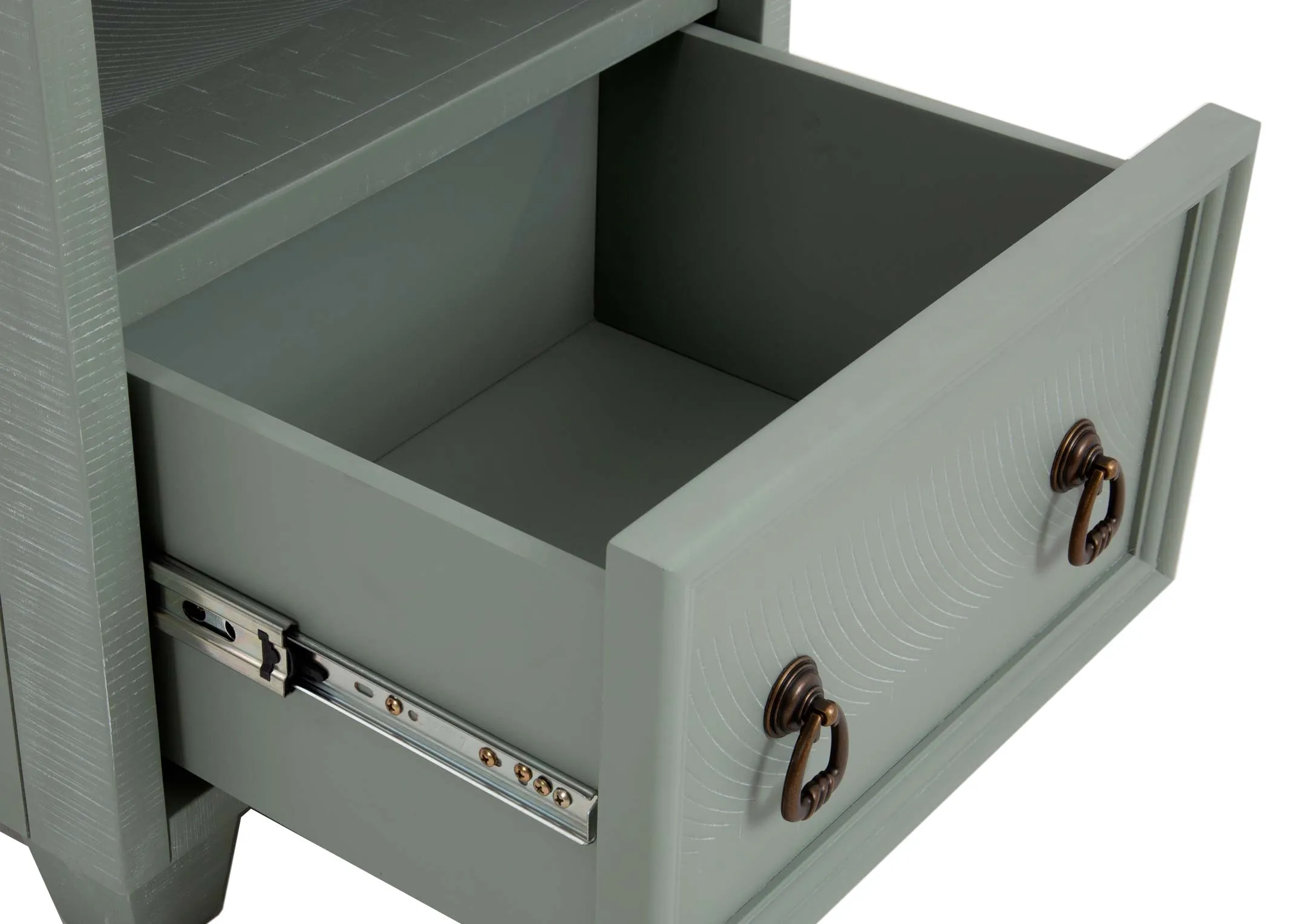 A small light green wood locker from EZ Livings Grenoble range. Closeup of small drawer open with 2 latch handles