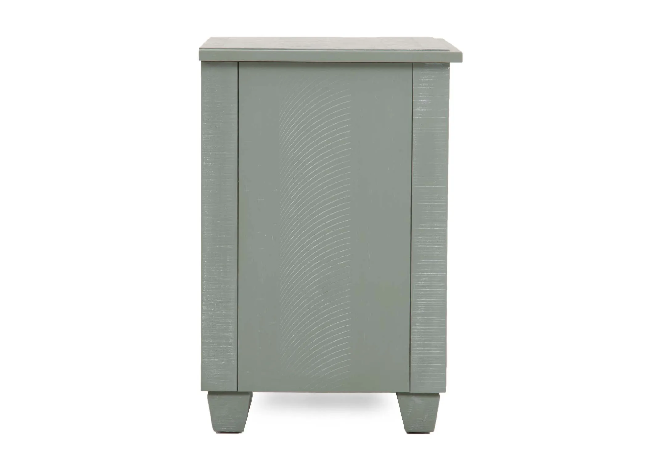 A small light green wood locker from EZ Livings Grenoble range.Side view of green distressed paint finish.