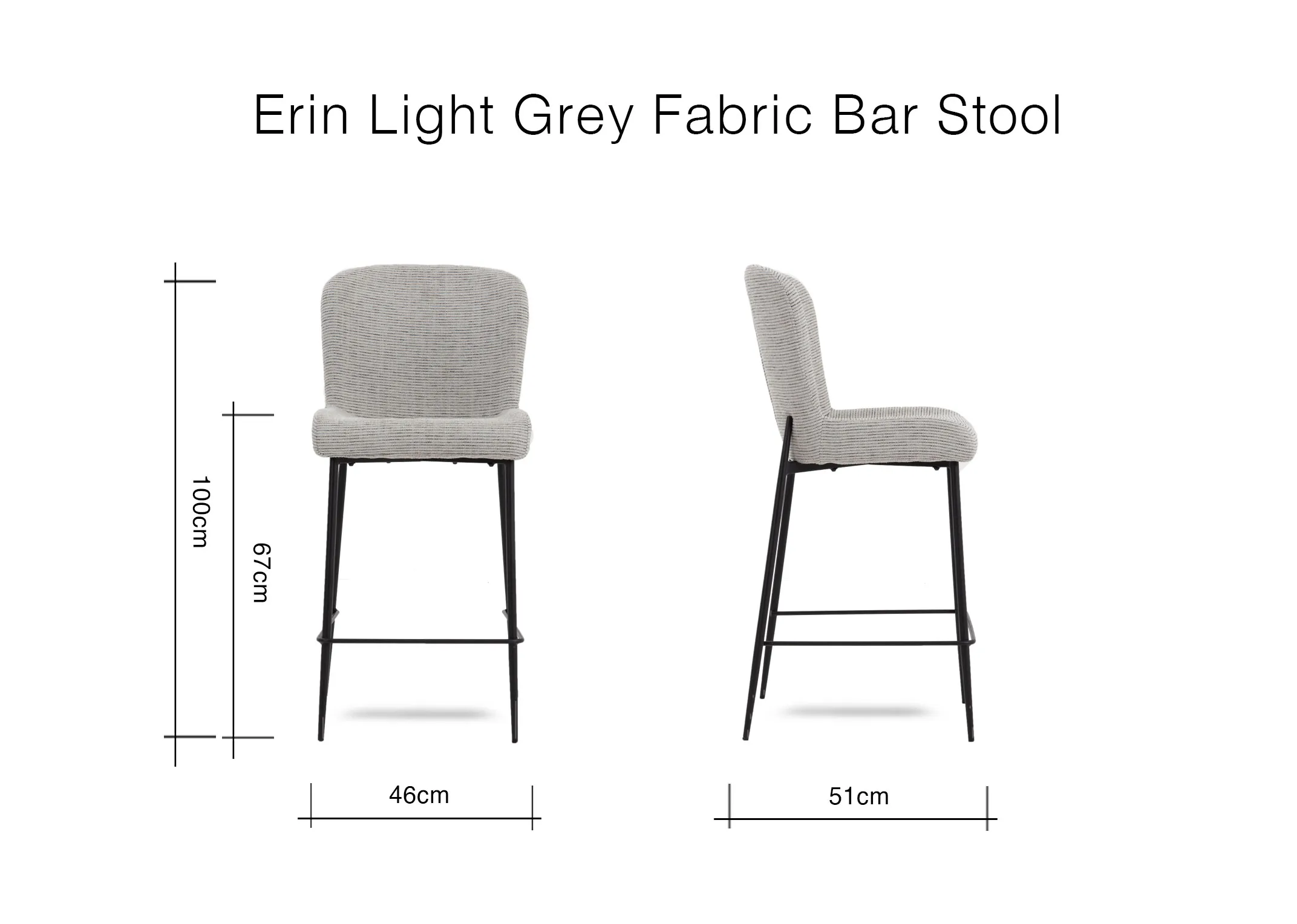 A dimension image of the Erin Barstool with 46cm x 51cm x 100cm x 67cm