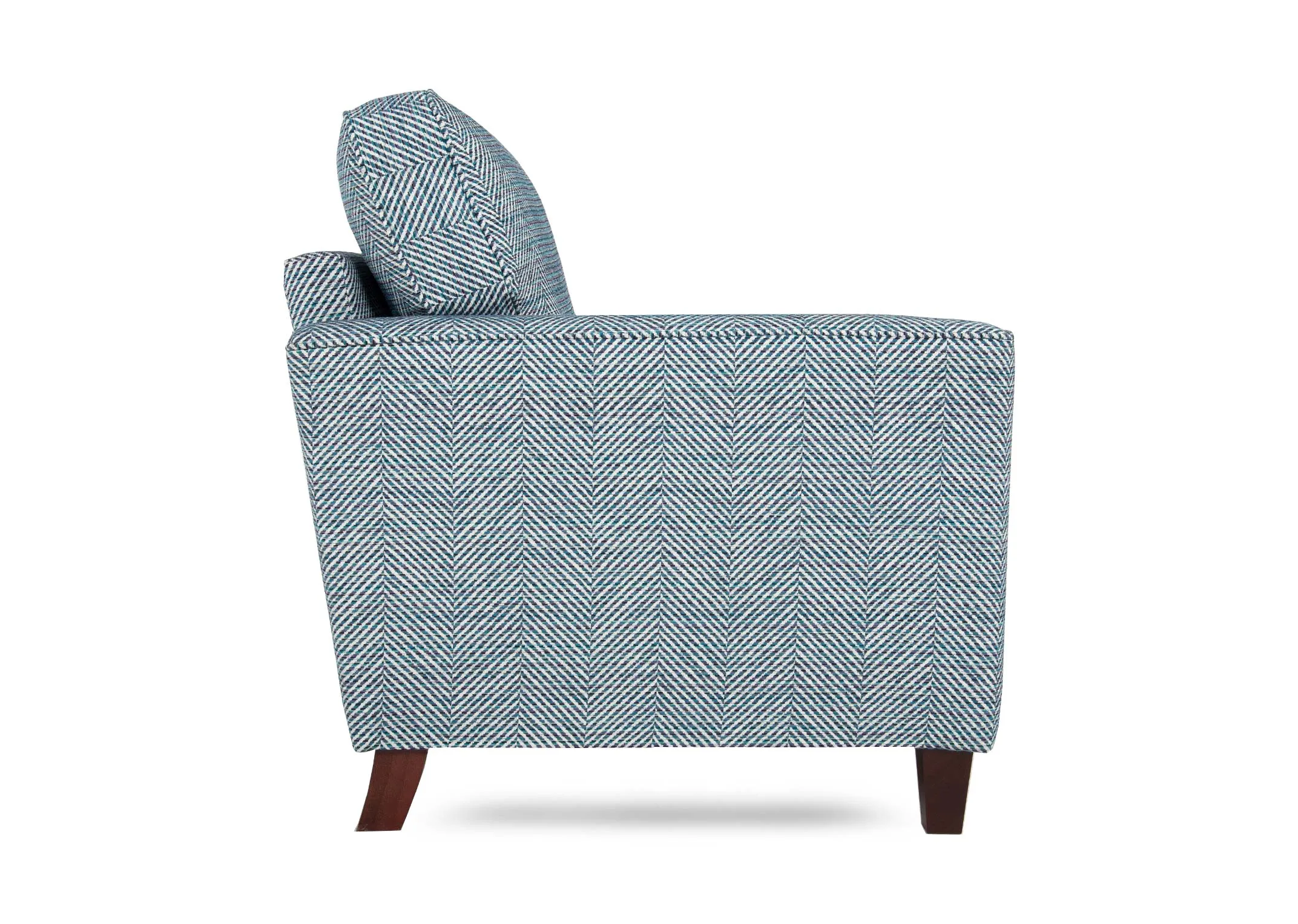 A teal accent fabric armchair from EZ Living Furnitures Sandrine range. Side veiw of wide frame.