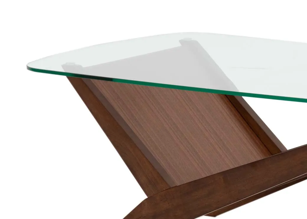 A walnut base coffee table with glass rectangular top from EZ Livings Henry range. Closeup of thin glass top.