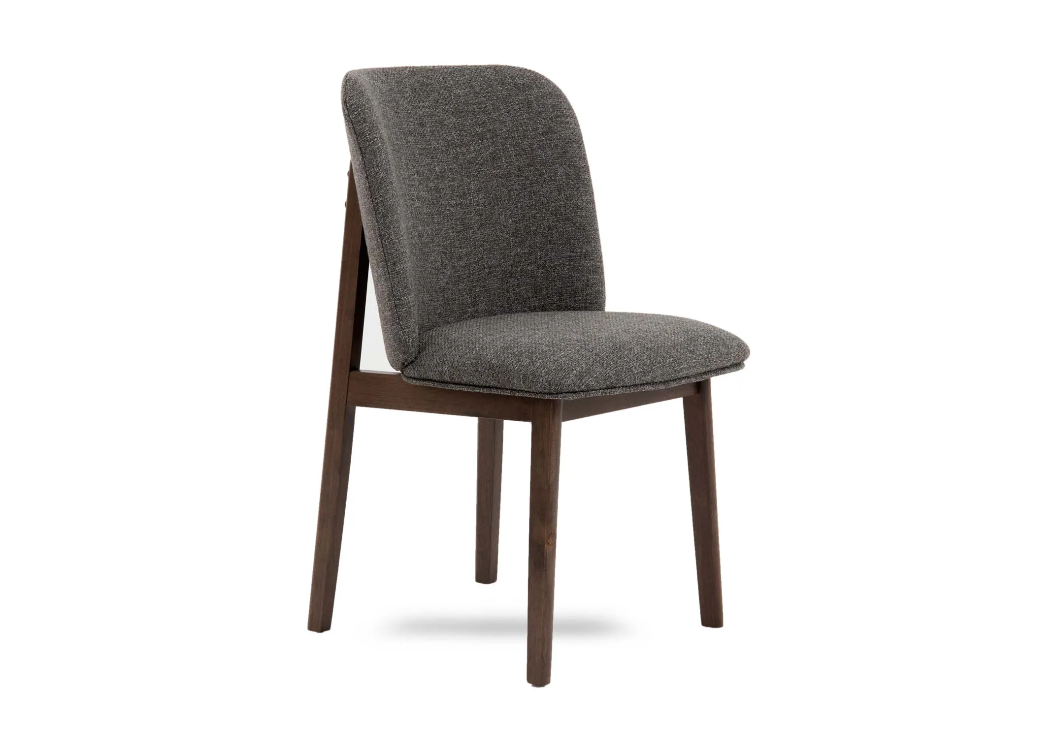 A brown ash & grey fabric dining chair from EZ Livings Bergen range. Angled veiw of padded seat and back