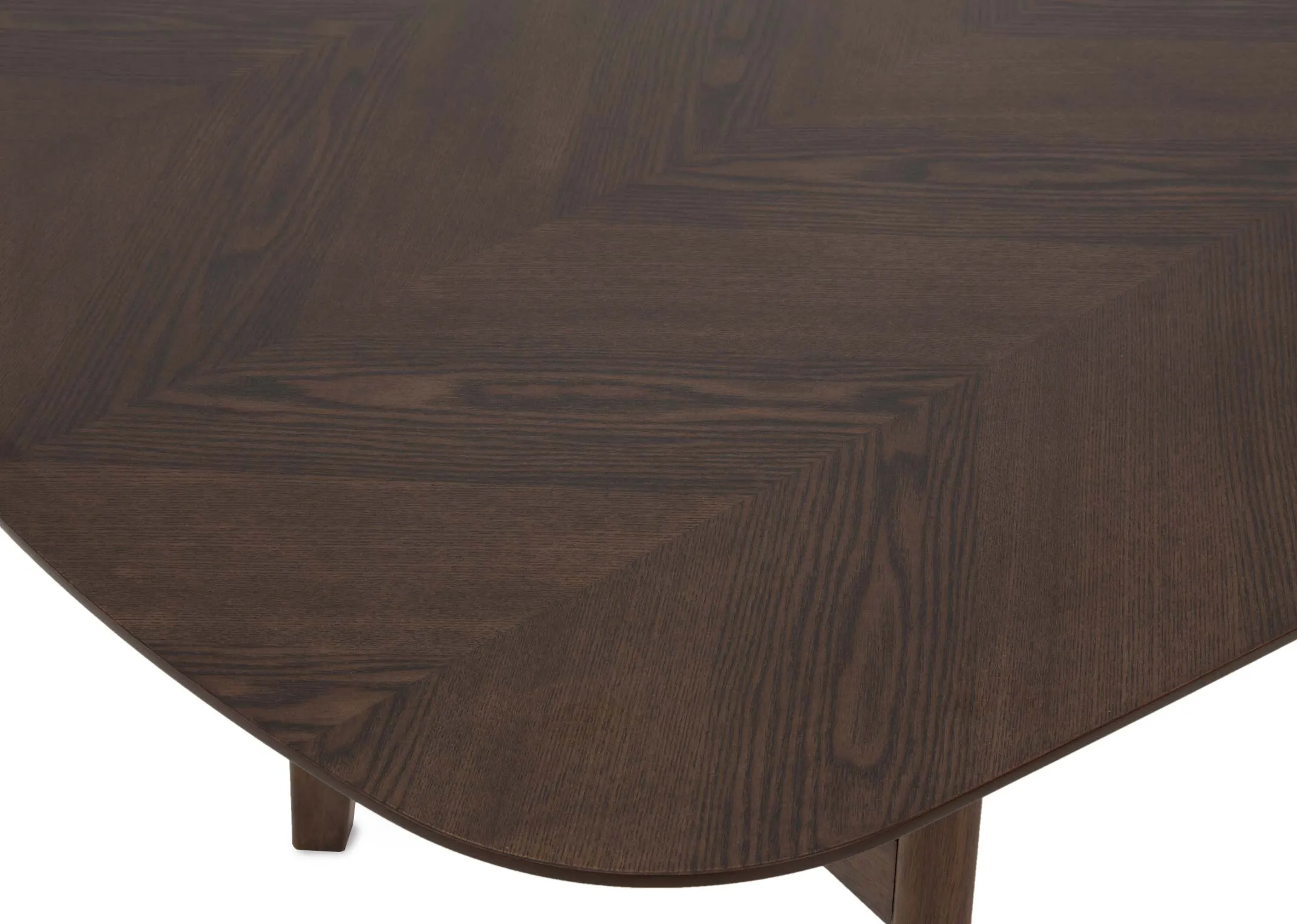 A brown ash dining table from EZ Livings Bergen range. Closeup of tabletop shows herringbone pattern.