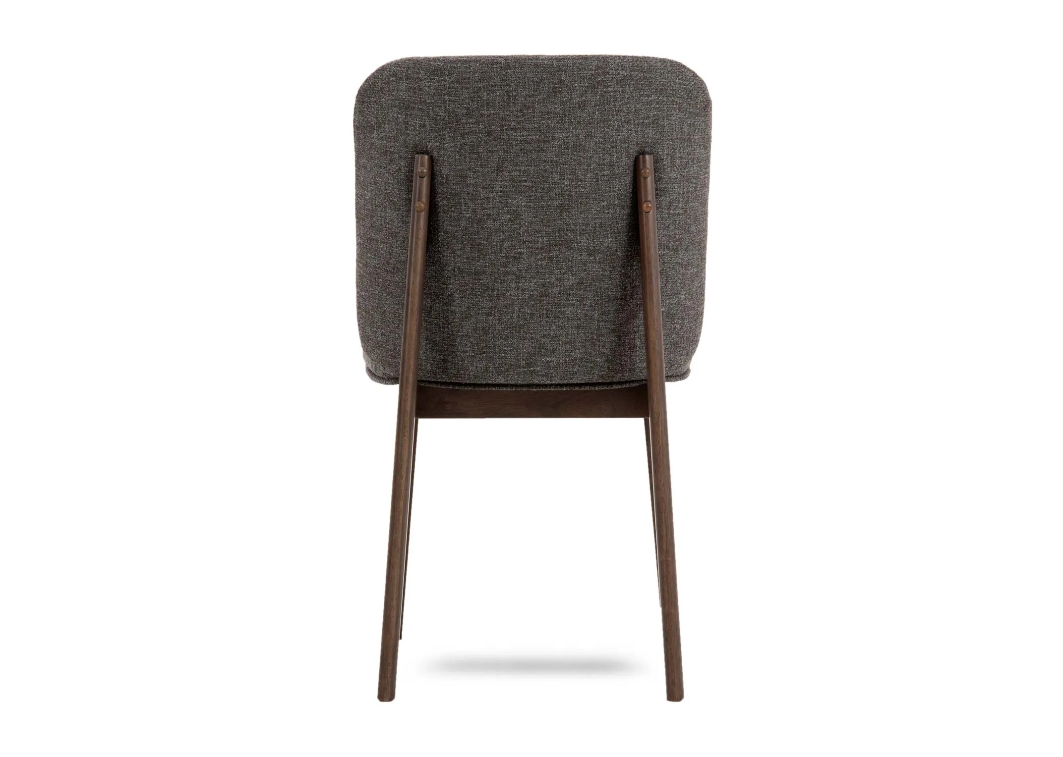 A brown ash & grey fabric dining chair from EZ Livings Bergen range. Back view shows visible bones of wood holding seat.
