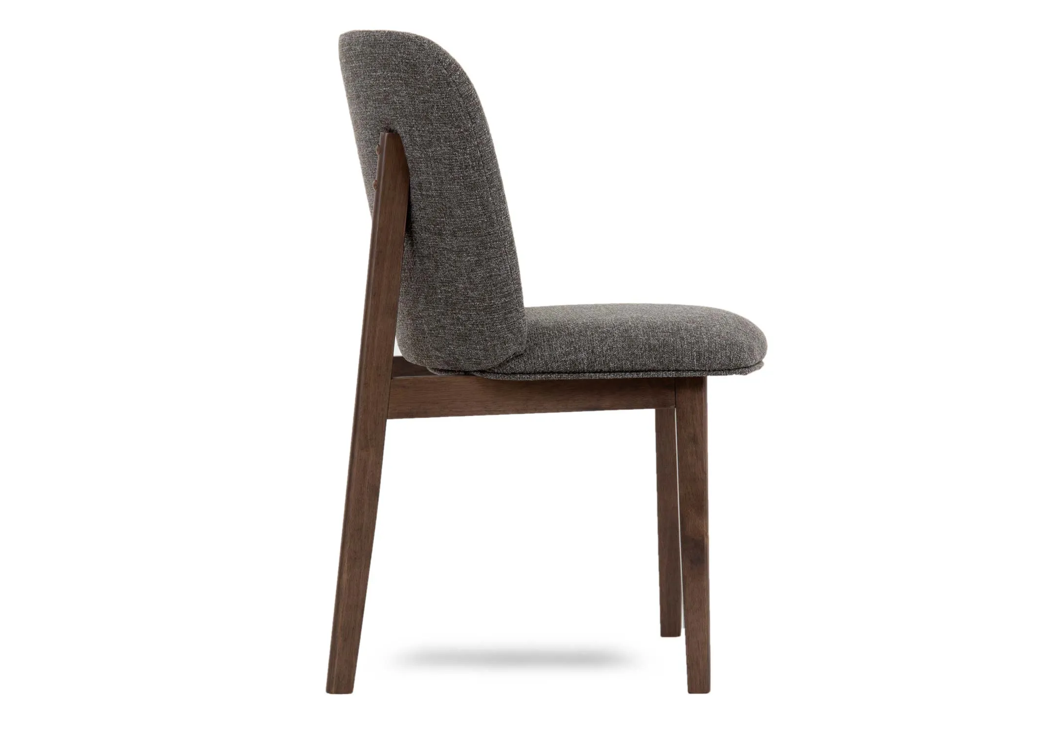 A brown ash & grey fabric dining chair from EZ Livings Bergen range. Side view of sturdy wood frame