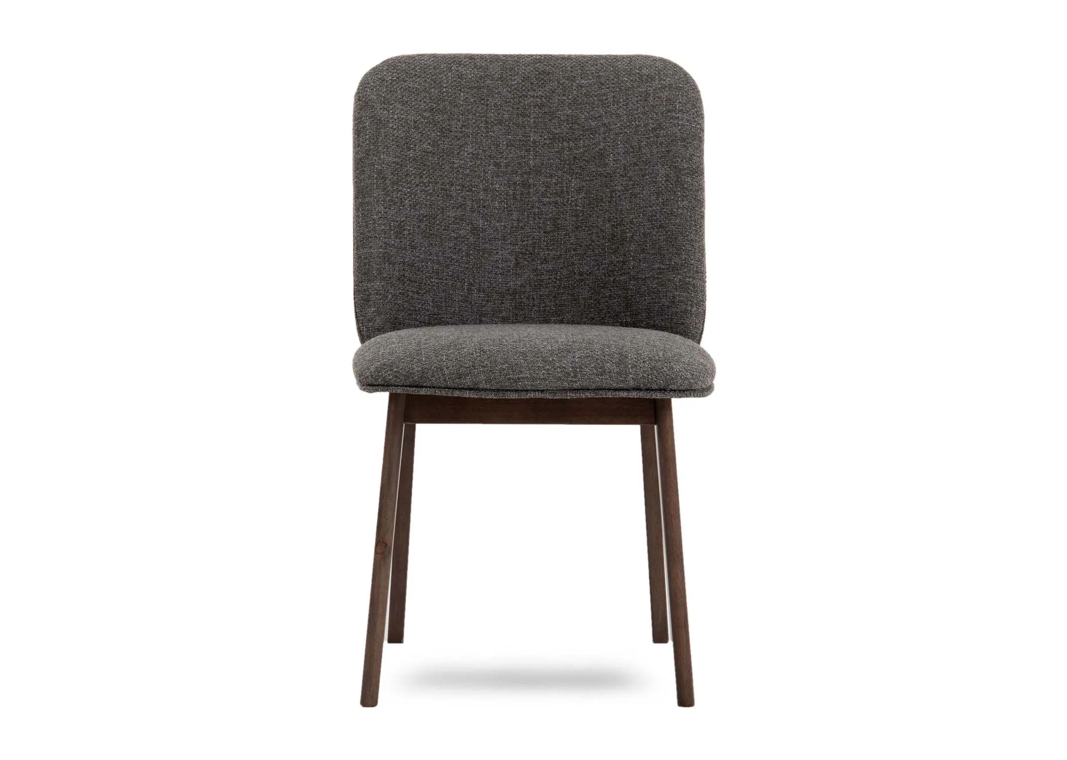 A brown ash & grey fabric dining chair from EZ Livings Bergen range. Front view of slim wood legs