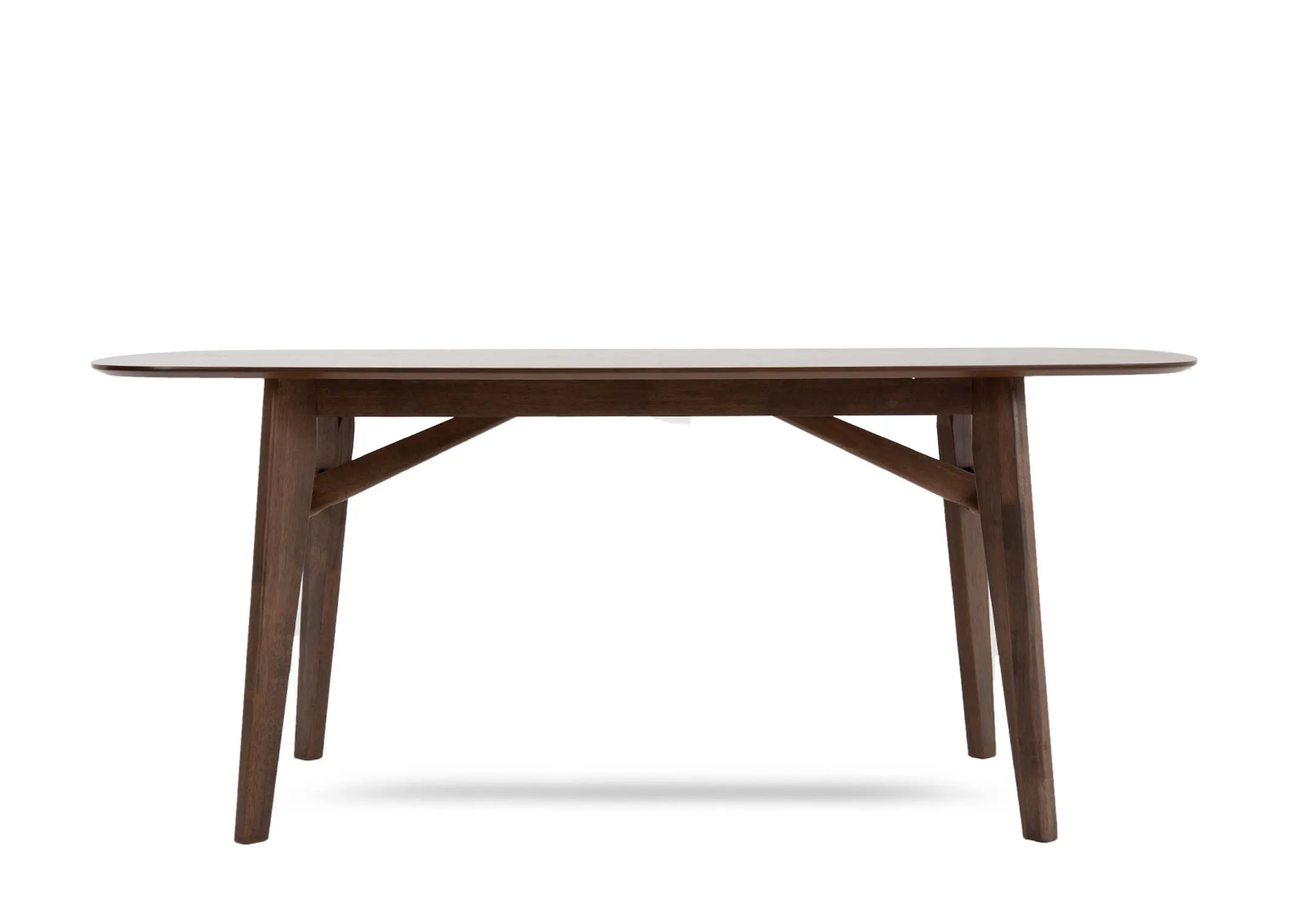 A brown ash dining table from EZ Livings Bergen range. Front view of tapered legs and supportive side bars