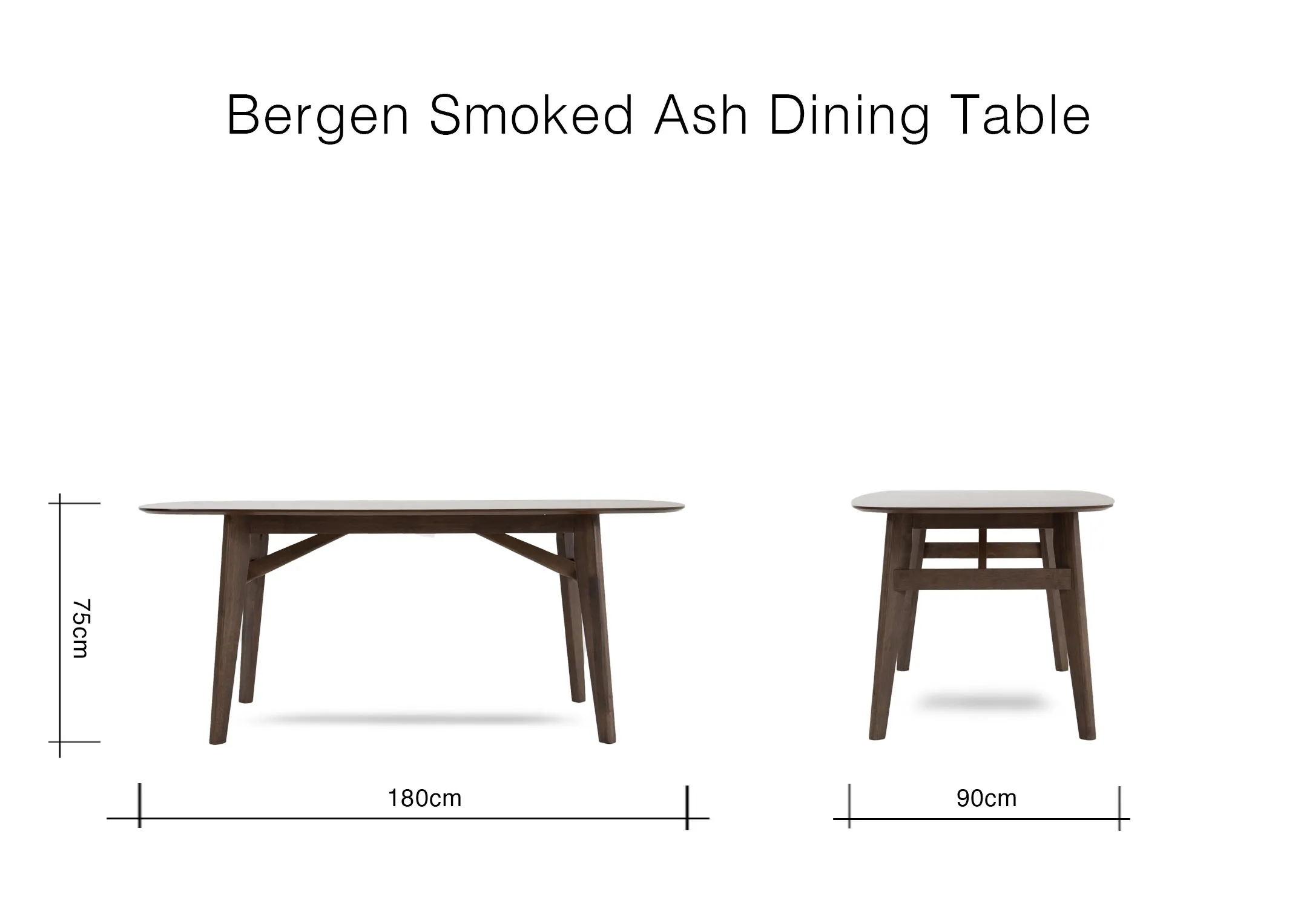 A dimension image of the Bergen dining table with 180cm x 90xm x 75xm