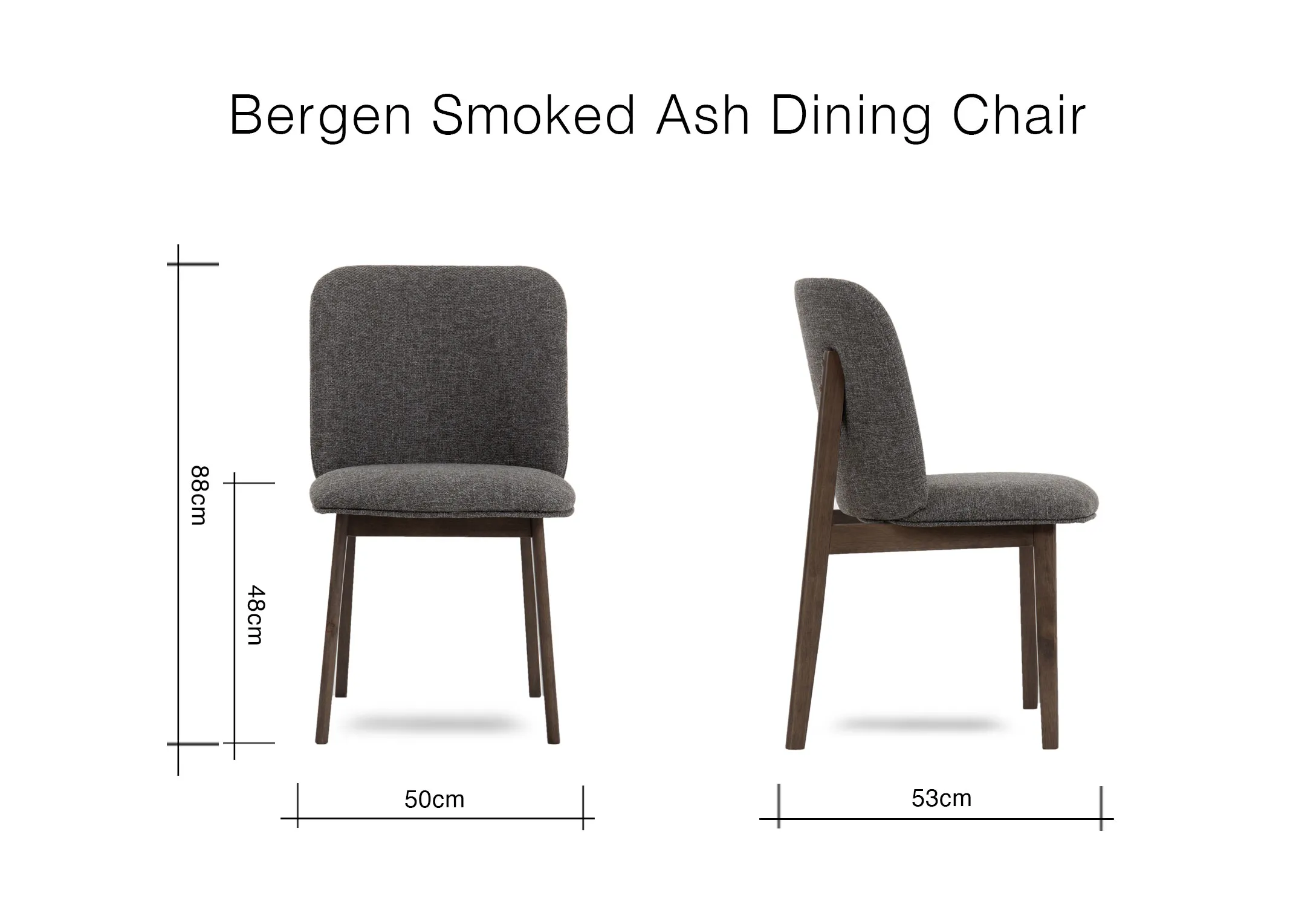 A dimension image of the Bergen dining Chair with 50cm x 53cm x 88cm