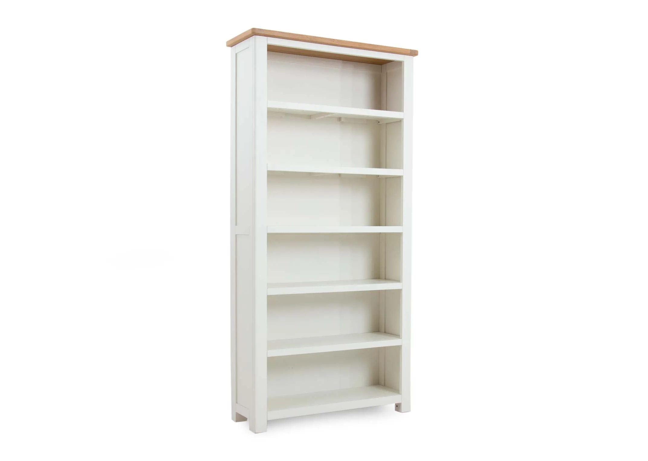 A white 6 shelf bookcase with oak top from EZ Livings Barleycove range. Angled view of white shelves and wood top.