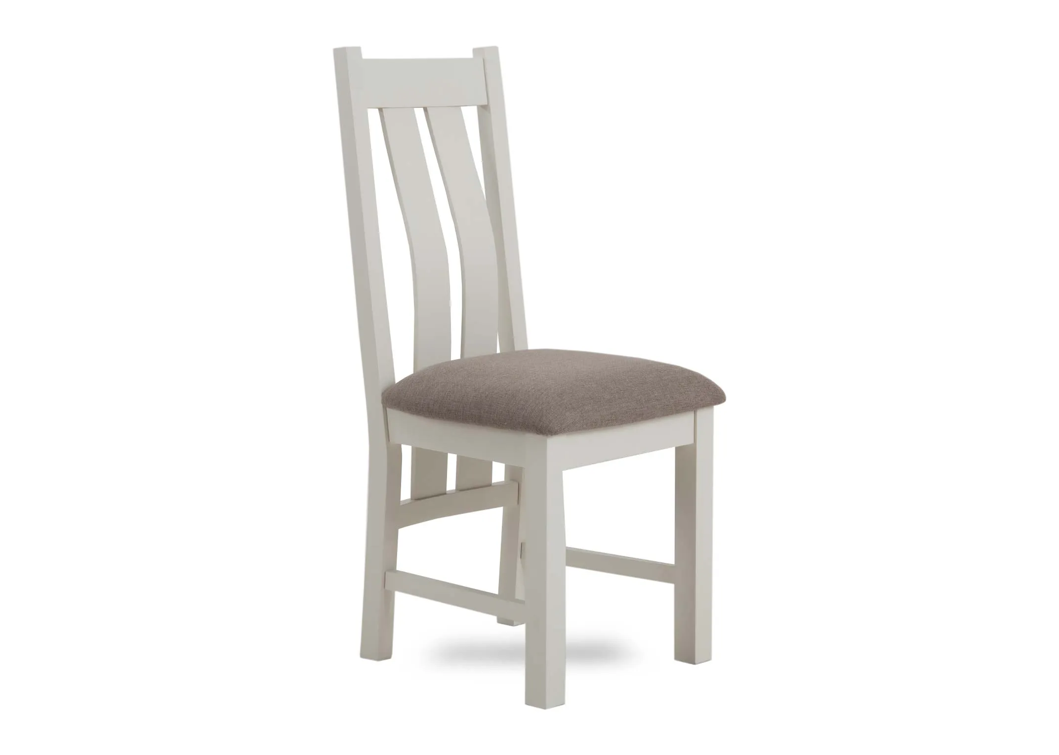 A white dining chair with grey fabric seat from EZ Livings Barleycove range. Angled view of white ladder back and frame.