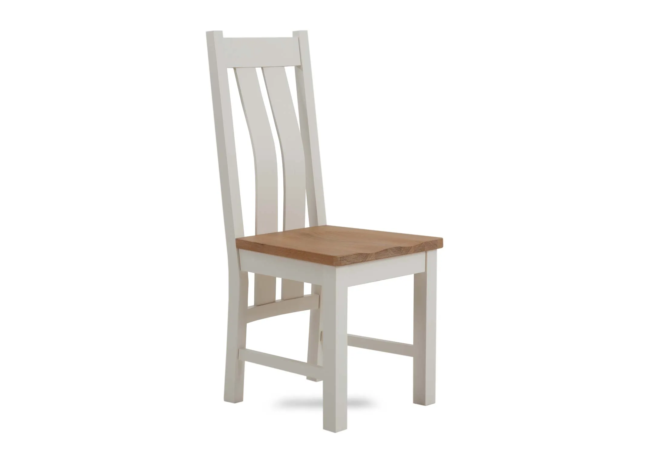 A white dining chair with oak seat from EZ Livings Barleycove range. Angled view of white ladder back and frame.