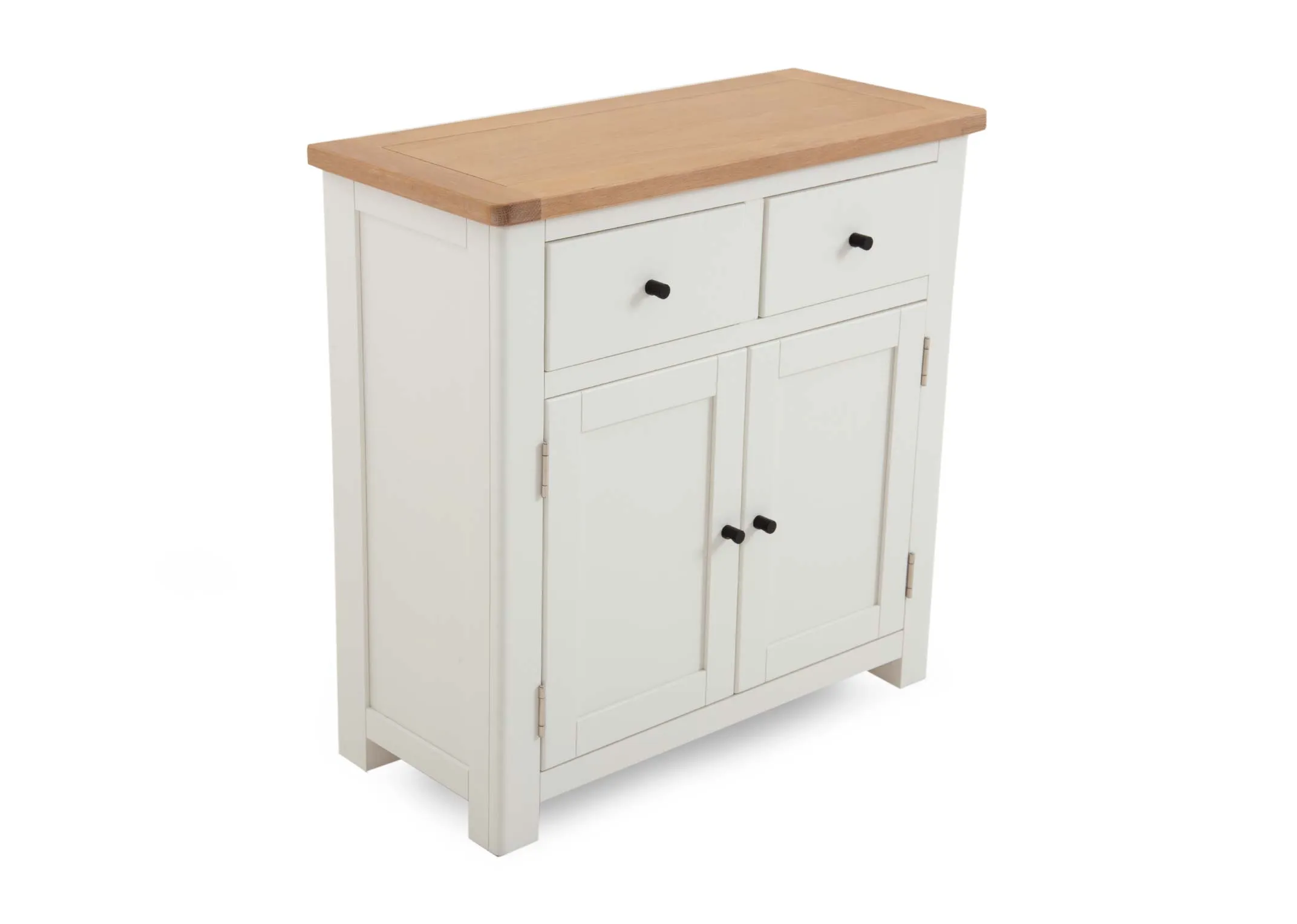 A white sideboard with oak top from EZ Livings Barleycove range. Angled view of white doors and drawers with small round handles