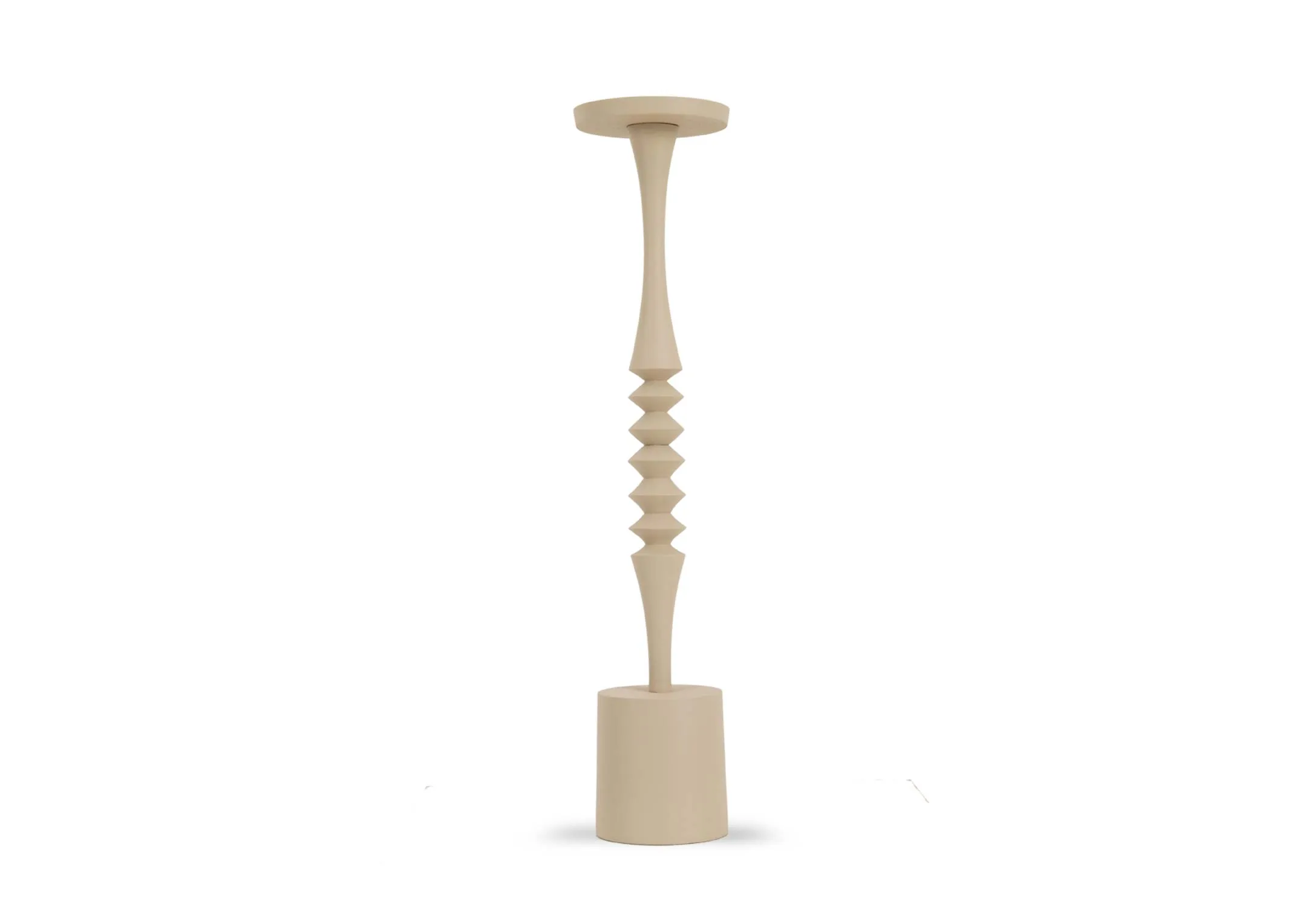A large beige candleholder from EZ Livings Mistry Range. Angled view of circular ridges in centre of stick.