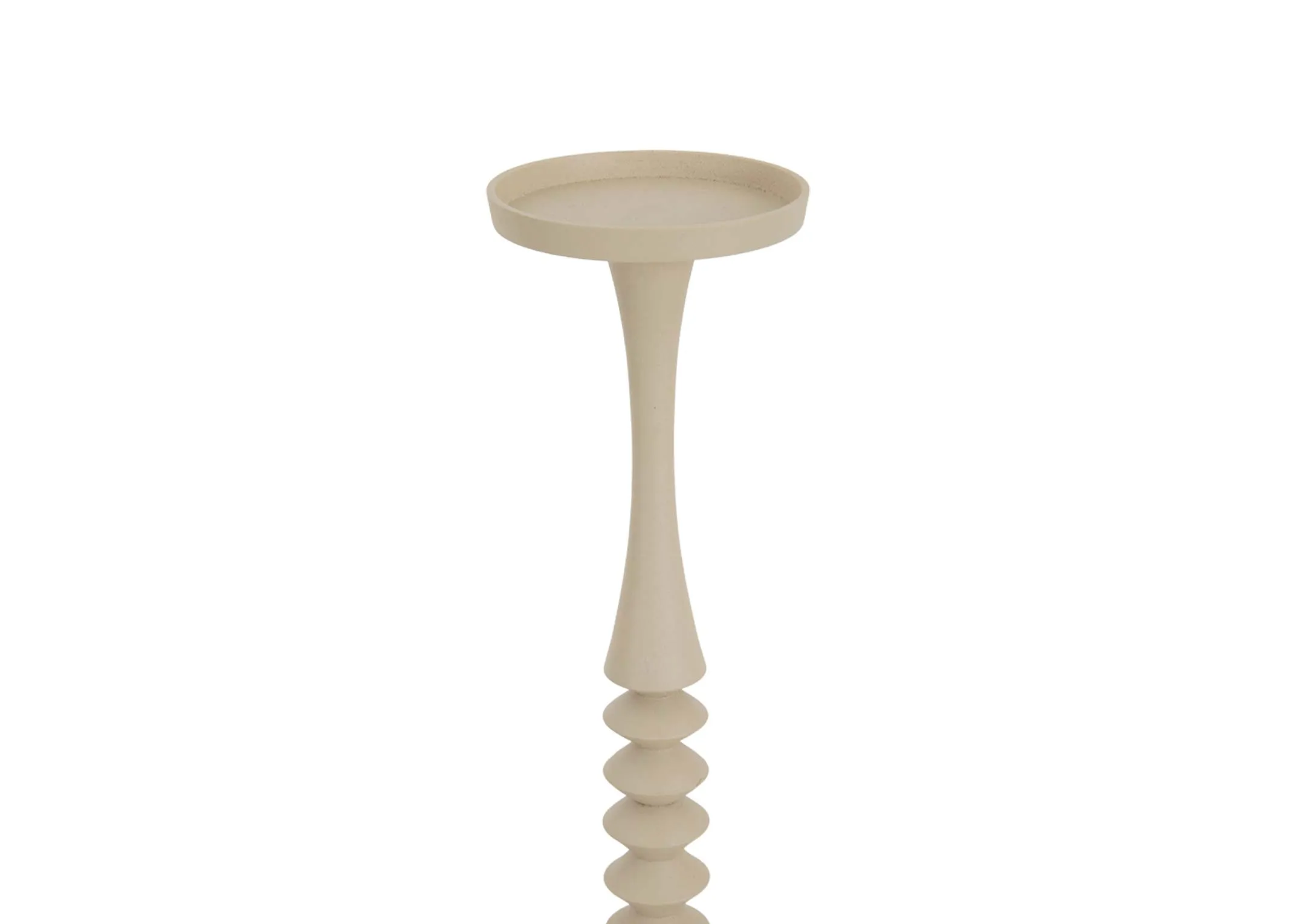 A large beige candleholder from EZ Livings Mistry Range. Closeup of flat top for pillar candle