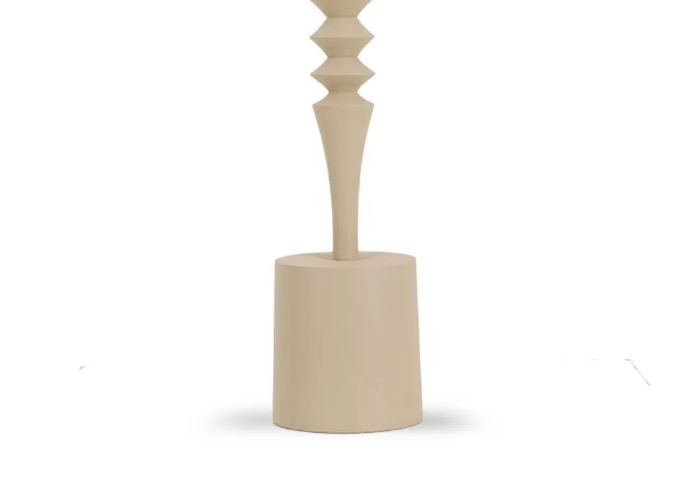 A large beige candleholder from EZ Livings Mistry Range. Closeup of thick chunky base